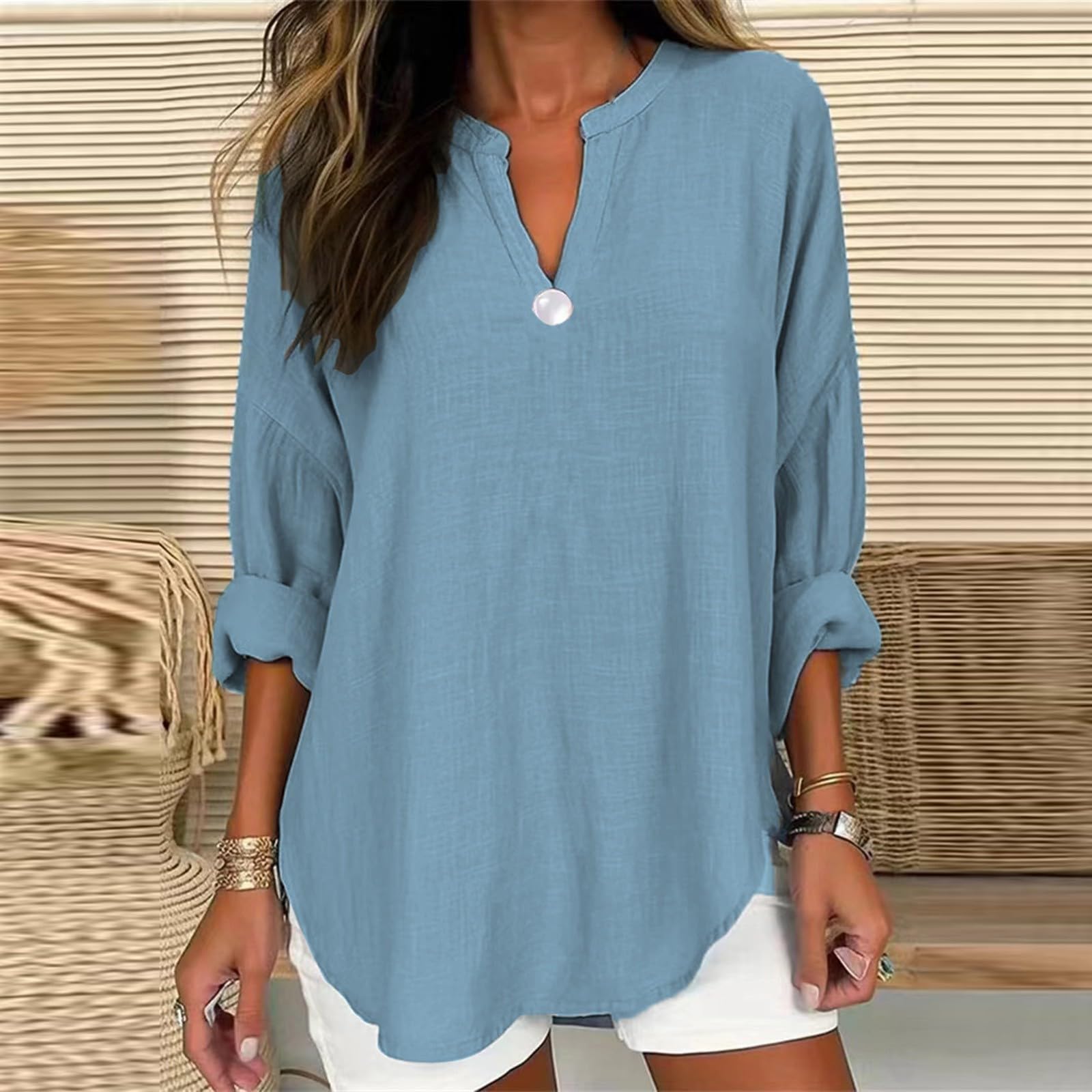 GIERIDUC Women's Long Sleeve Oversized T-Shirt - Casual V-Neck Tunic Top with Side Slit & Roll-Up Sleeves | Soft & Comfortable Blouse for Everyday Wear, Work, and Relaxation