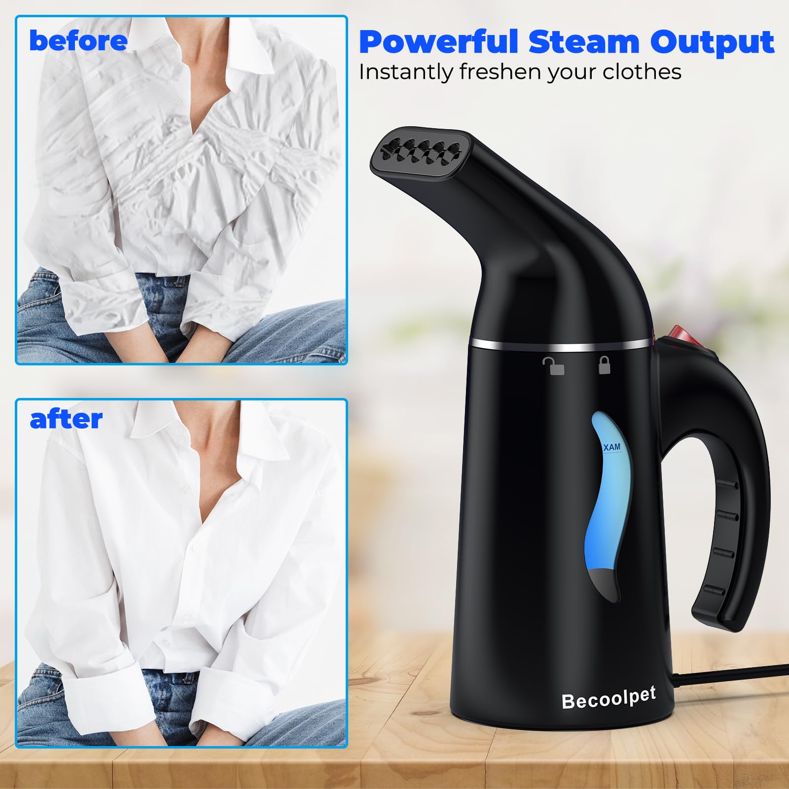 Portable Handheld Garment Steamer for Clothes - 1lb Lightweight Wrinkle Remover with 8FT Power Cord & 8 Mins Continuous Steam - Mini Travel & Home Steamer (Black) | Perfect for Business Trips, Weddings, and Quick Outfit Refresh