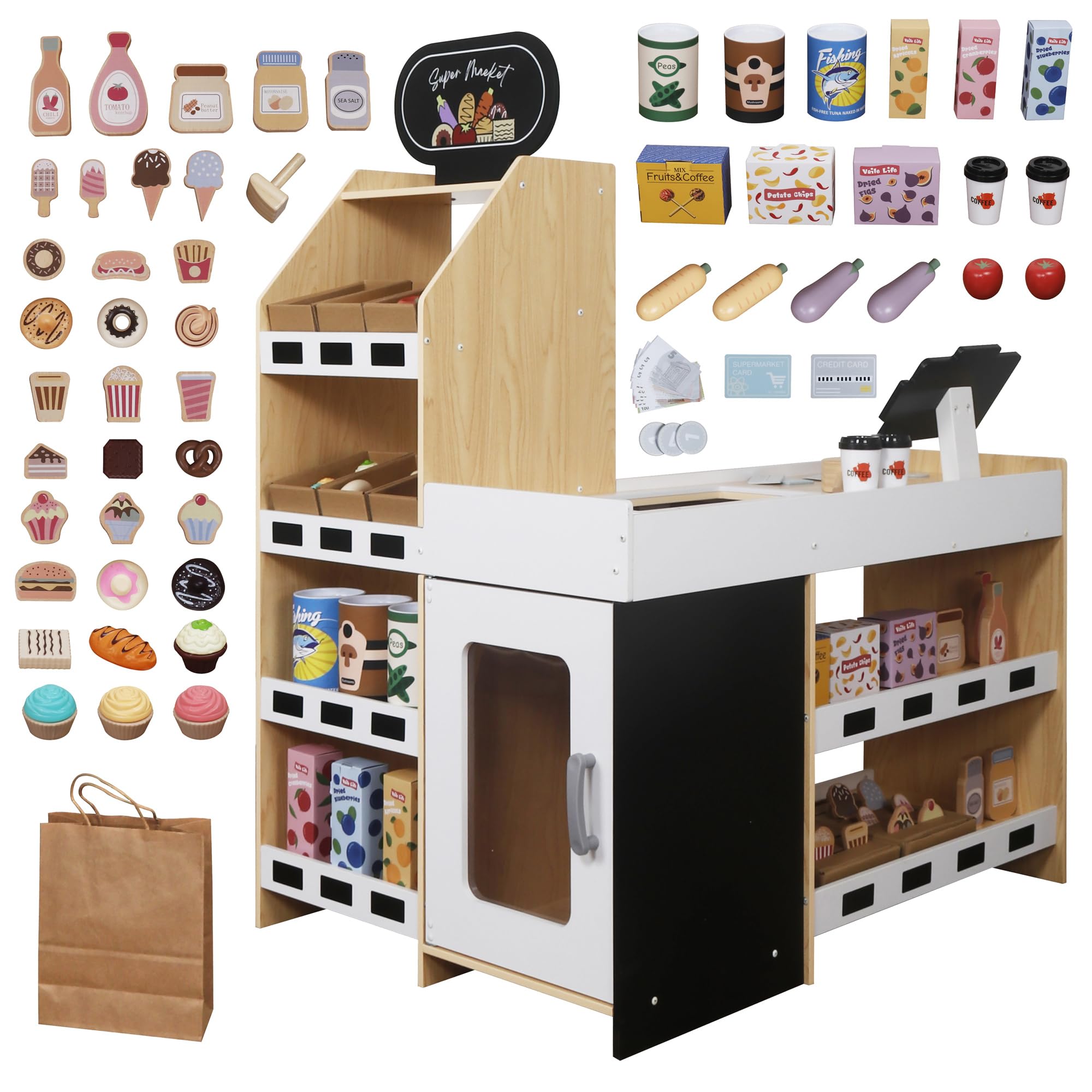 **Wooden Kids Grocery Store Playset - Pretend Play Supermarket Toy with Shopping Cart, Cash Register, Play Money & 58-Piece Food Accessories - Educational Toy for 1-3 Year Old Boys & Girls - Perfect for Role Play, Learning & Indoor Fun**