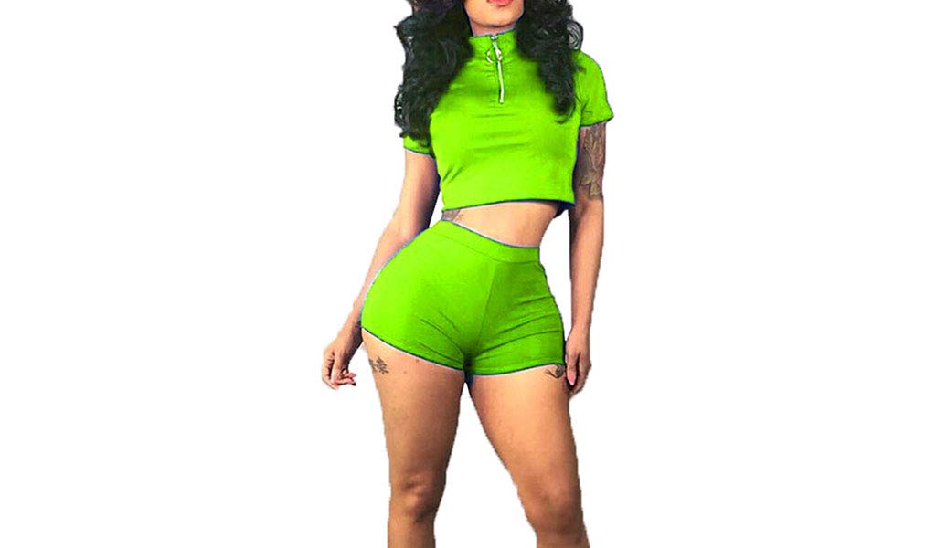Women's 2-Piece Outfits - Stylish Front Zipper Crop Top & Bike Shorts Set | Casual Workout Tracksuit for Gym, Running & Streetwear Fashion