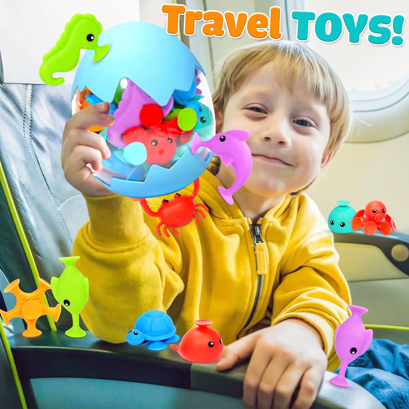 Suction Bath Toys for Kids - Fine Motor Window Toys, Silicone Ocean Animal Suction Cup Toys with Dinosaur Eggshell, Sensory Travel Toys for Toddlers, Autism/ADD/ADHD Friendly - Perfect for Bathtime Fun, Car Windows, and Sensory Play Therapy