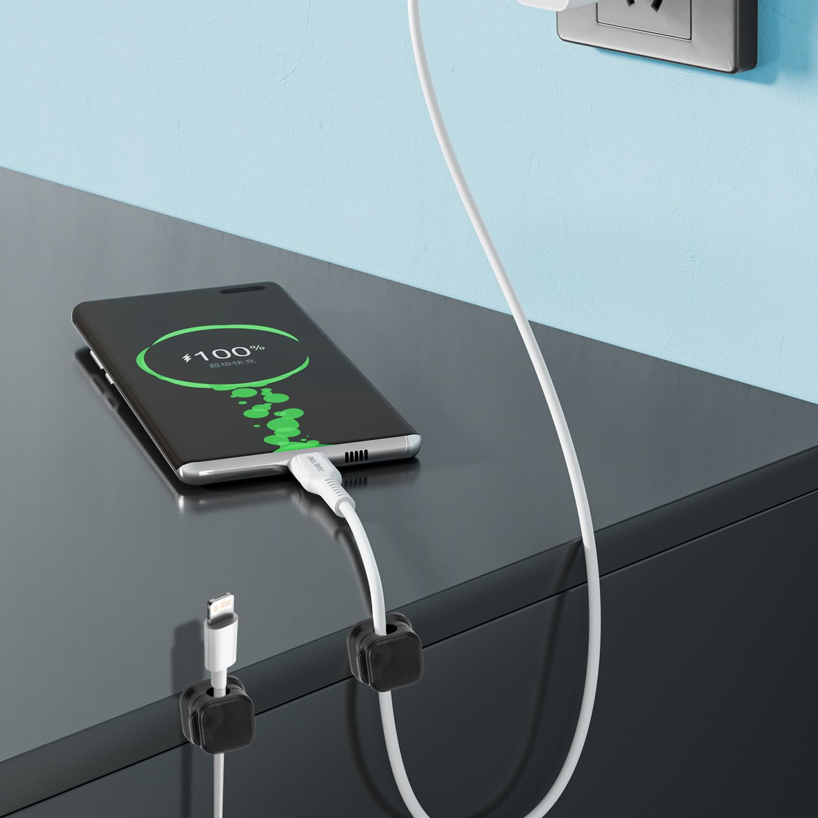 6 Pack Magnetic Cable Clips - Cord Organizer for Phone Charger & Wires | Desk, Car, Bedroom, Office Use | Black Cable Management Holder for Neat Home & Workspace