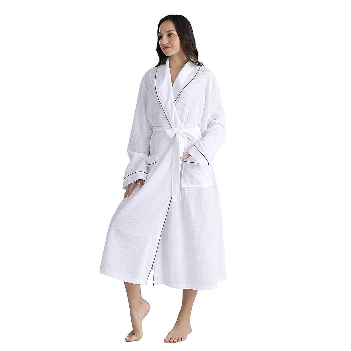 YUNCLOS Women's Lightweight Soft Waffle Kimono Robe - Long V-Neck Bathrobe for Sleepwear, Lounge & Spa - Cozy Nightwear for Relaxation at Home