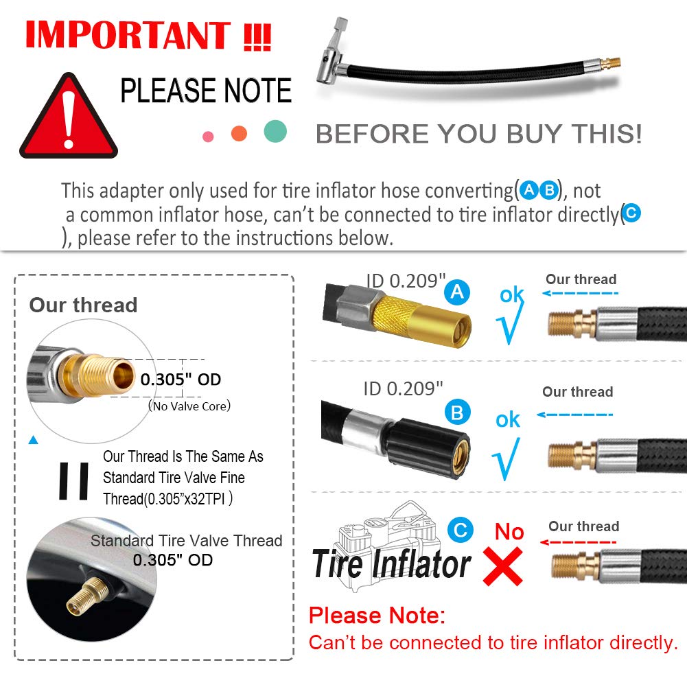 2 PCS Locking Air Chuck with Air Hose & Standard Tire Valve Fine Thread - Heavy Duty Air Inflator Hose Adapter for Twist to Lock On Connection - Perfect for Car Tires, Bikes, ATVs and Inflatable Toys