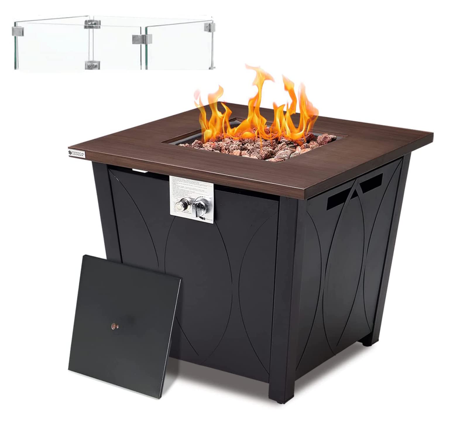 Ulsum Outdoor 28 Inch Gas Fire Table - 50,000 BTU Square Metal Fire Pit with Lid, Glass Wind Guard, Waterproof Cover & Lava Rocks - Perfect for Patio, Deck, and Backyard Gatherings