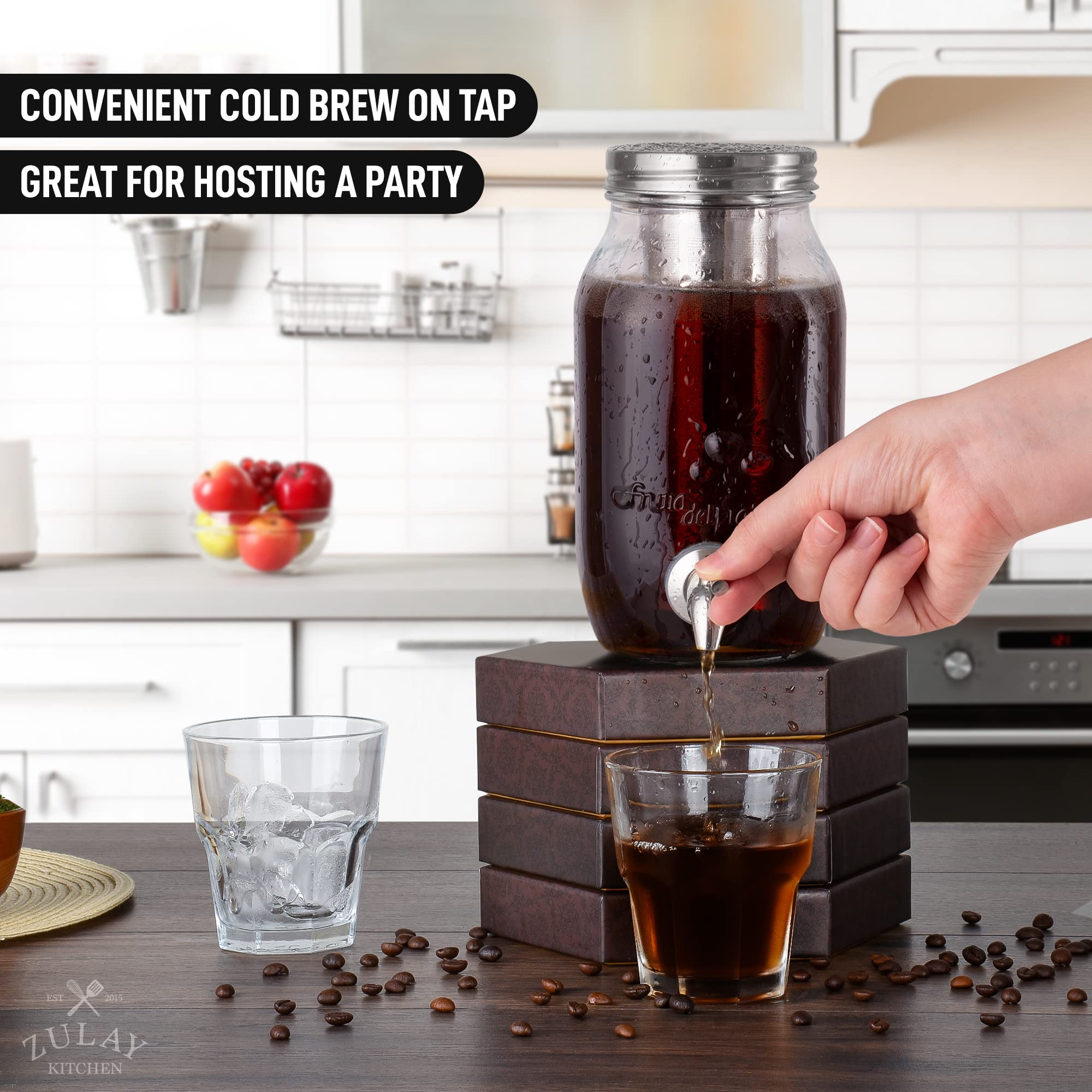 Premium Zulay Kitchen 1.5L Cold Brew Coffee Maker with Extra-Thick Glass Carafe & Stainless Steel Filter - Iced Coffee Maker, Cold Brew Pitcher & Tea Infuser for Home, Office & Outdoor Use