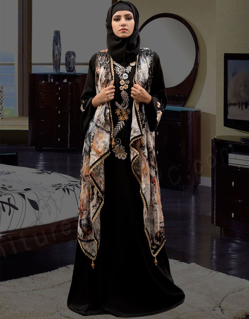 Arabic Multi Crepe Hand Embroidered Front Open Abaya - Elegant Multi-Color Islamic Dress for Women | Perfect for Prayer, Eid, and Special Occasions