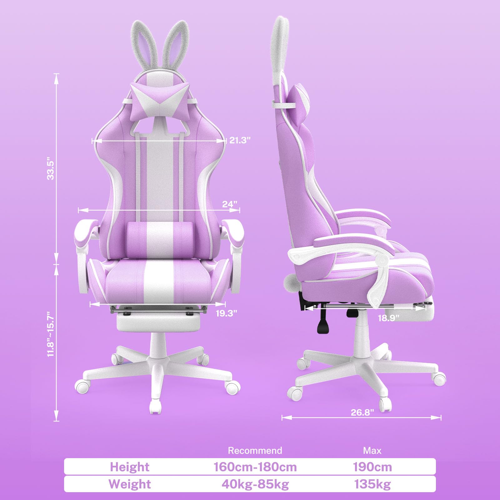 Kawaii Light Purple Gaming Chair with Bunny Ears - Ergonomic Cute Gamer Chair with Footrest & Massage - Racing Reclining Leather Computer Chair for Girls, Adults, Teens & Kids - Perfect for Gaming, Streaming, Home Office & Dorm Room Setup