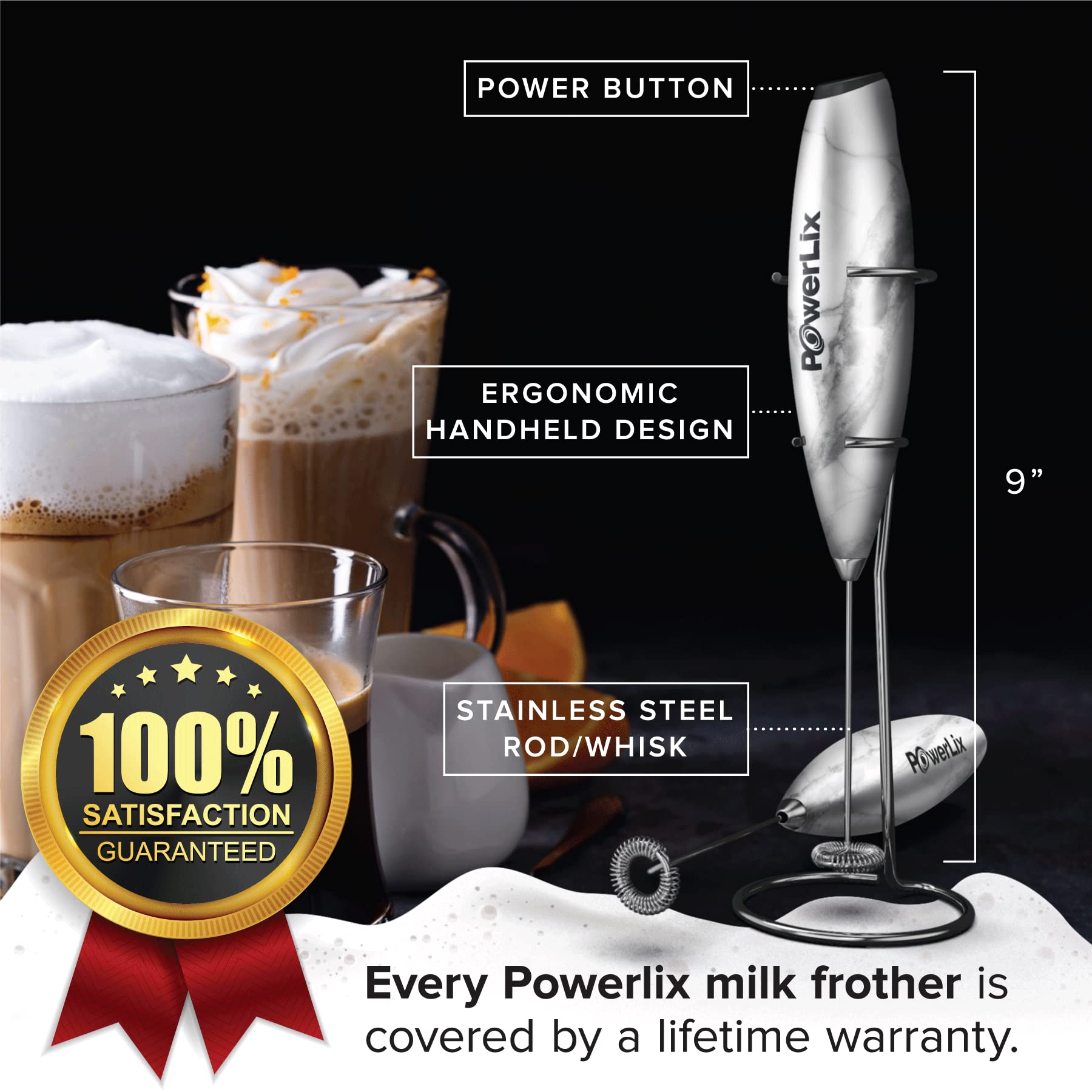 PowerLix Powerful Handheld Milk Frother - Battery Operated Foam Maker for Coffee, Latte & Cappuccino - Includes Stand (Black/White Marble) - Perfect for Home, Office & Coffee Shops
