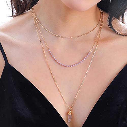Layered Crystal Necklace for Women - Gold Multilayer Pink Pearl Bar Y Choker Jewelry | Elegant Layering Necklace for Girls, Party, Date Night & Special Occasions