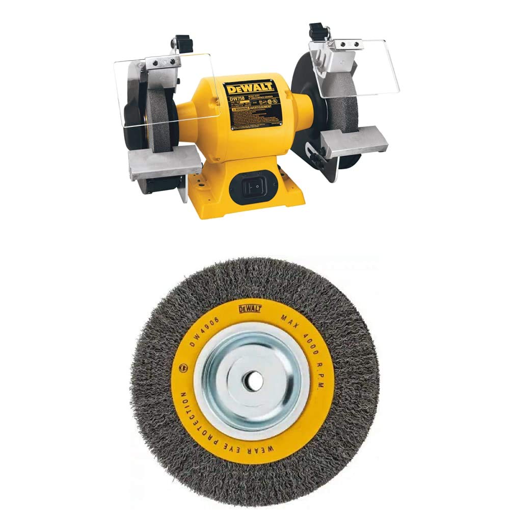 DEWALT 8-Inch Bench Grinder with Wire Wheel Attachment - Heavy Duty DW758 for Sharpening, Grinding & Polishing - Perfect for Metalworking, Woodworking & DIY Projects in Workshop or Garage