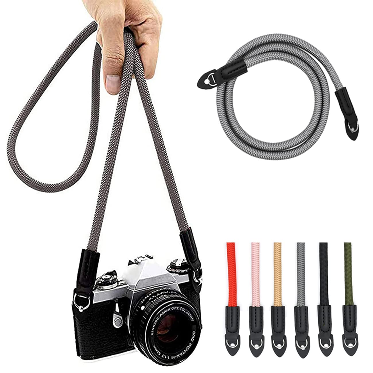 Vintage Nylon Climbing Rope Camera Strap - 100cm Adjustable Neck & Shoulder Strap for DSLR and Mirrorless Cameras (Grey) - Perfect for Travel, Hiking and Outdoor Photography