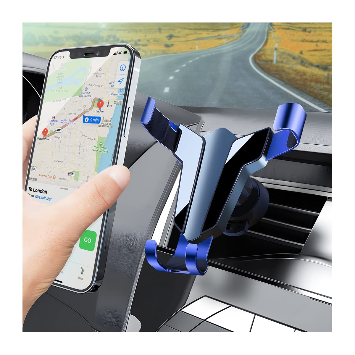Universal Car Air Vent Phone Mount - Auto-Lock Gravity Stable Stand with Upgraded Clip | Hands-Free Vehicle Cradle Holder for iPhone, Samsung & All Smartphones | Perfect for Road Trips, Uber Drivers & Commuting (Blue)