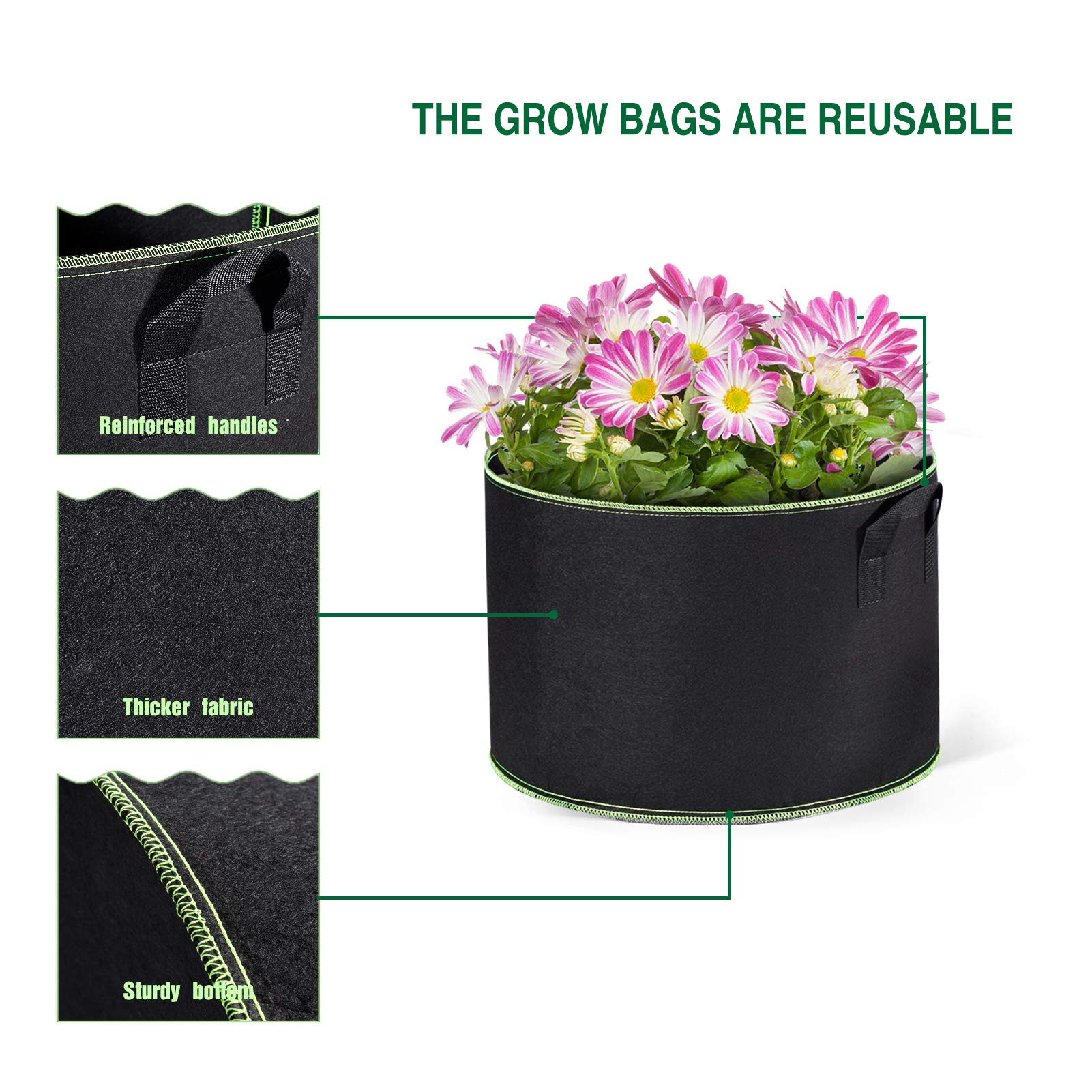 3-Pack 7 Gallon Plant Grow Bags - Thick Aeration Non-Woven Fabric Pots for Flowers, Vegetables & Plants - Durable Garden Containers (Black) - Perfect for Indoor/Outdoor Gardening, Balcony Planting & Urban Farming
