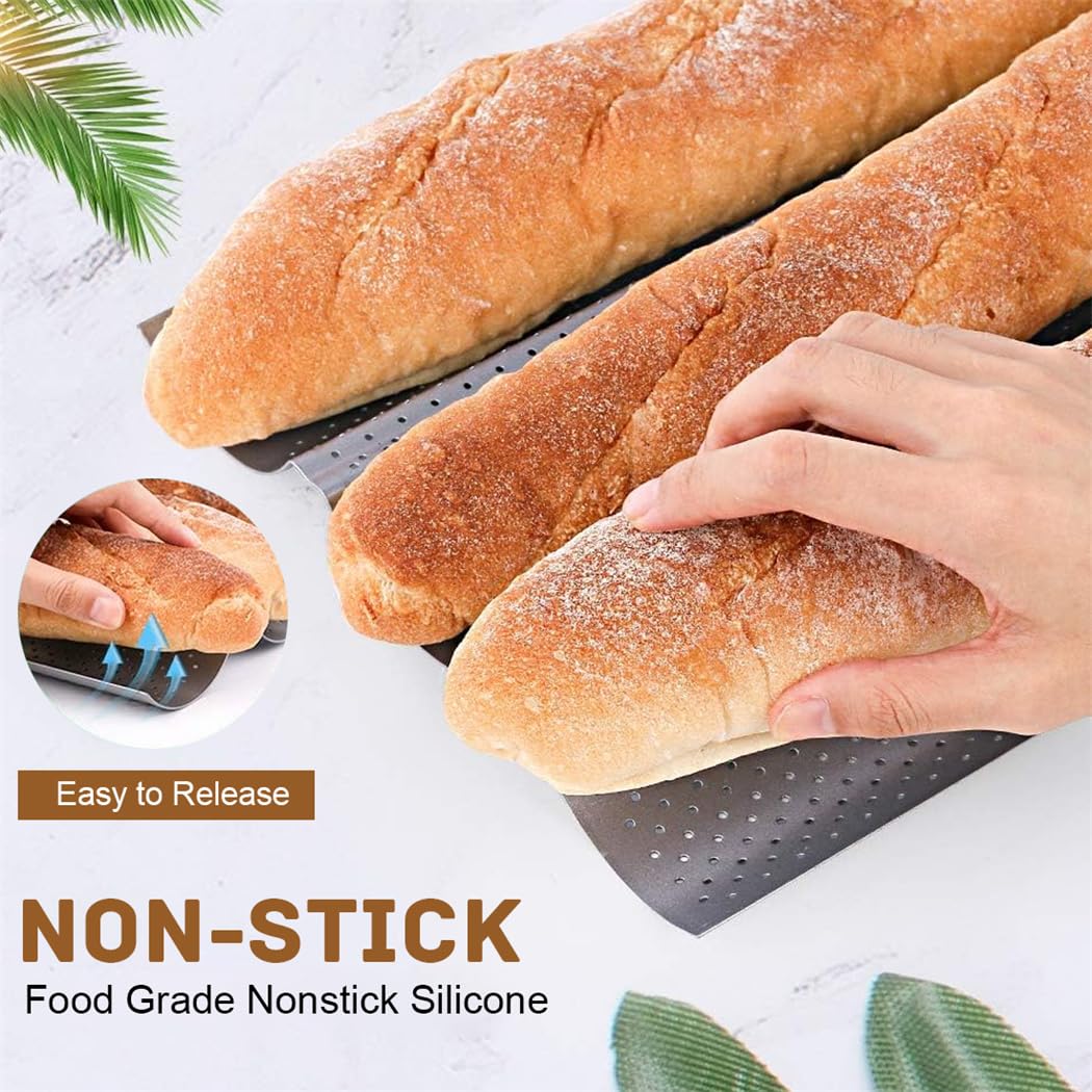 Nonstick Baguette Pan - 3 Loaves French Bread Baking Tray with Thick Proofing Cloth & Dough Couche - 15