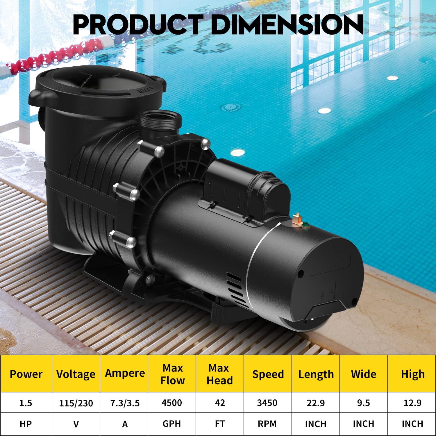 1.5HP Dual Voltage Pool Pump 4500GPH Inground/Above Ground - Self-Priming Water Pump for Swimming Pools, Hot Tubs & Seawater (115V/230V 60HZ, 42FT Head Lift) - Perfect for Residential & Commercial Pool Maintenance, Water Circulation & Filtration Systems