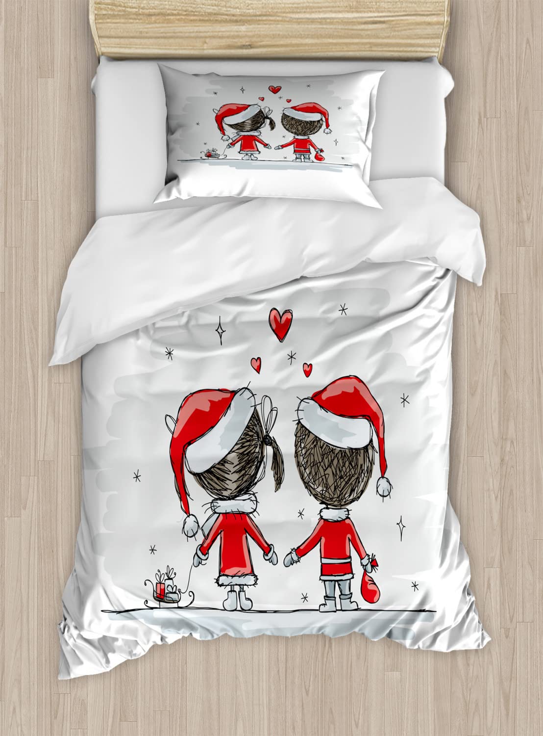 Ambesonne Christmas Duvet Cover Set - Santa Costume Family Romance Winter Night Print Bedding Set (2 Duvet Covers + 2 Pillowcases) Twin Size Red White - Perfect for Holiday Decor, Cozy Winter Nights & Gift Giving