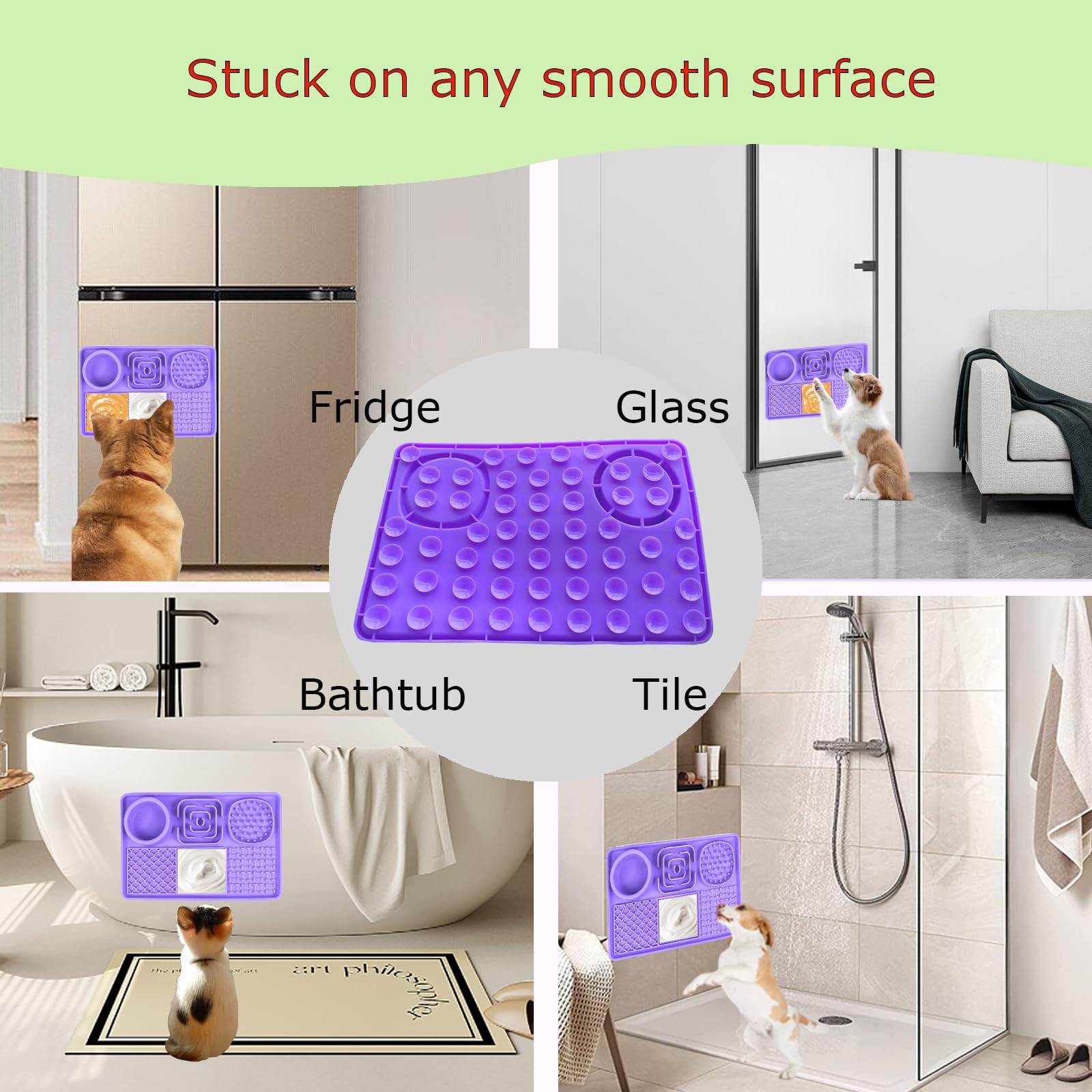 Premium Food-Grade Silicone Lick Mat for Dogs & Cats - Non-Slip Suction Cup Pet Anxiety Relief Pad with Peanut Butter - Includes 1 Spatula & 1 Brush (Purple) - Perfect for Slow Feeding, Grooming & Stress Relief