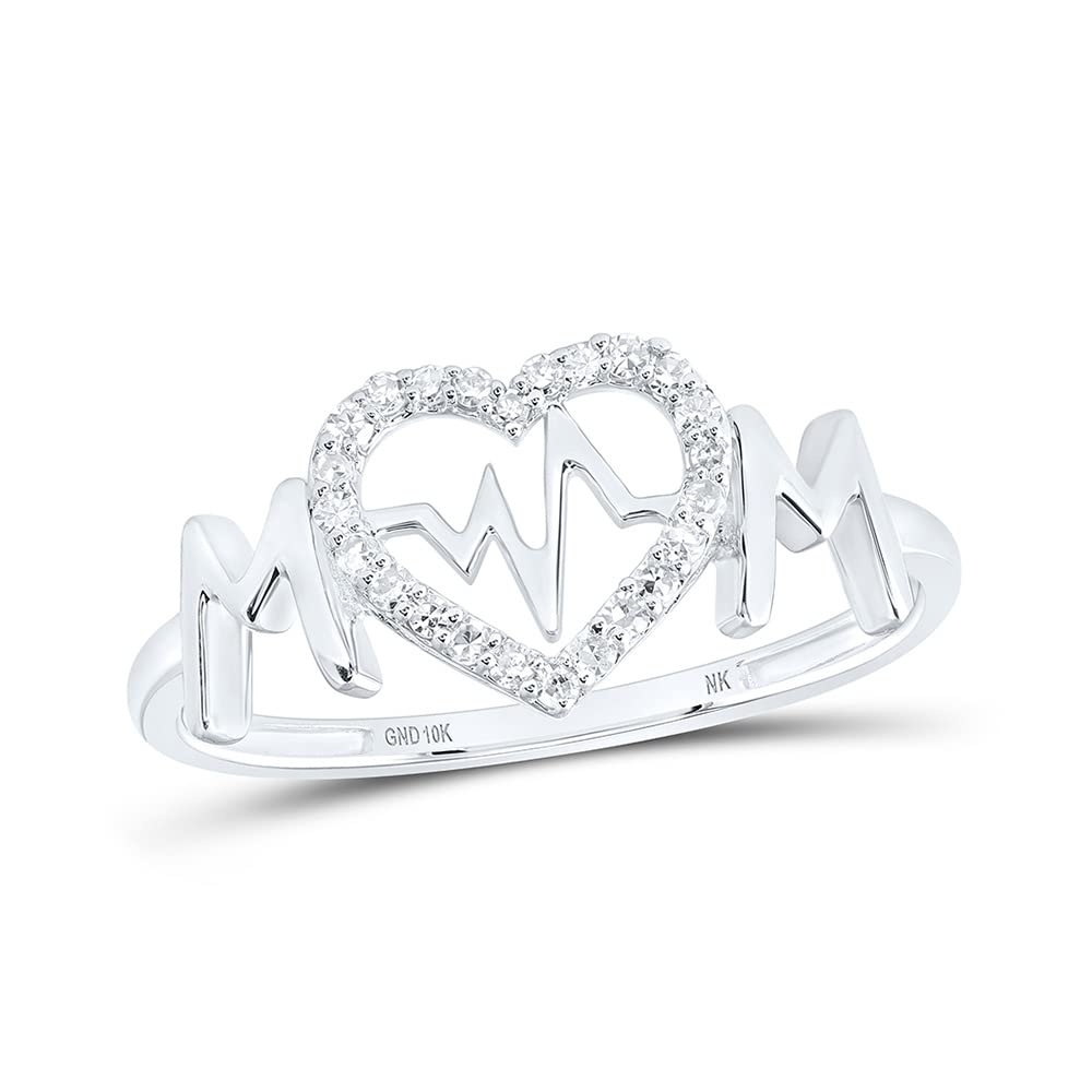 10K White Gold Women's Round Diamond Heartbeat Mom Ring - 1/10 CTTW - Perfect Gift for Mother's Day, Birthday & Anniversary