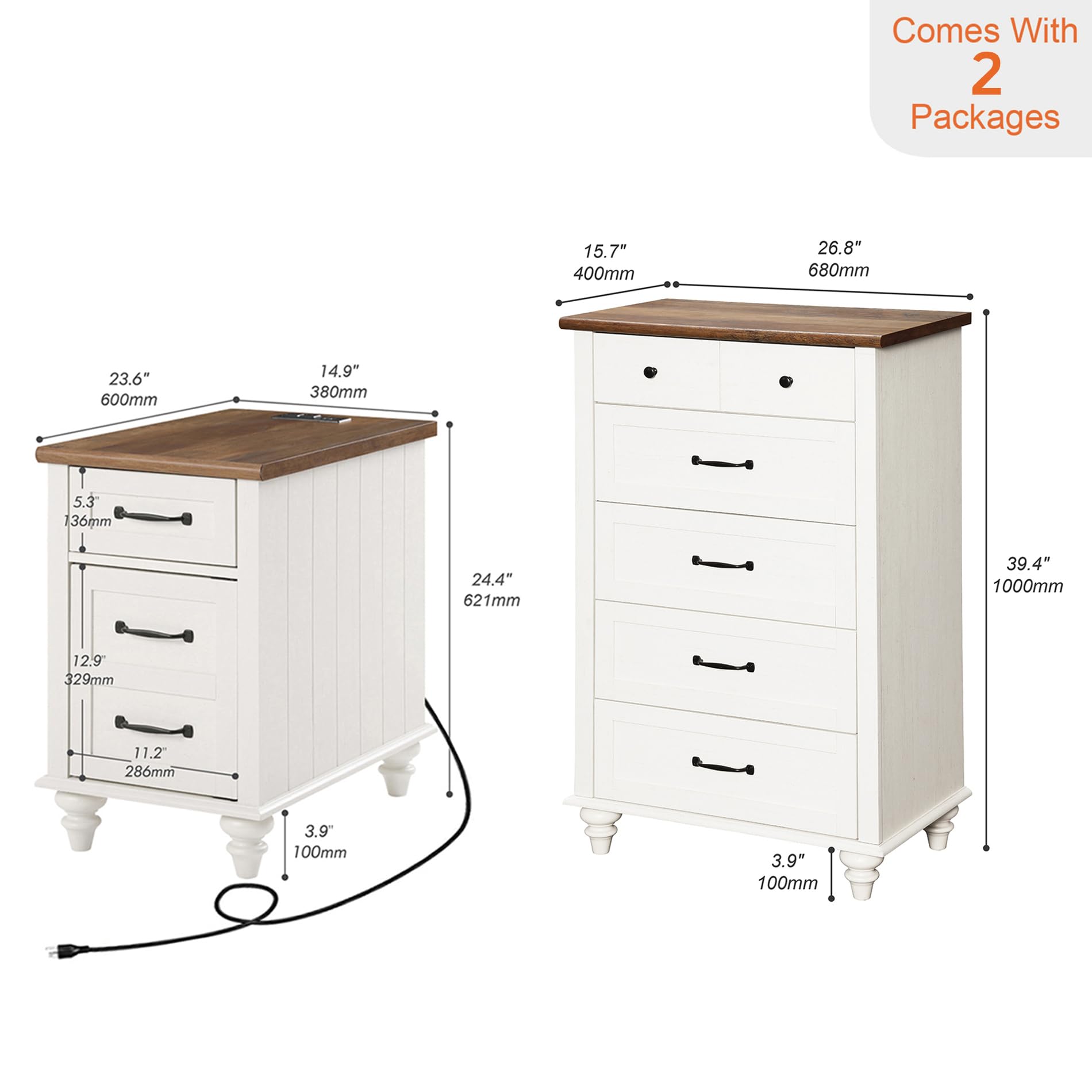 WAMPAT 2-Piece Bedroom Furniture Set - 5-Drawer Tall Dresser & Nightstand with USB Charging Station, Storage Cabinet - Modern Bedroom Dresser Set in Off White - Perfect for Small Spaces, Apartments & Guest Rooms