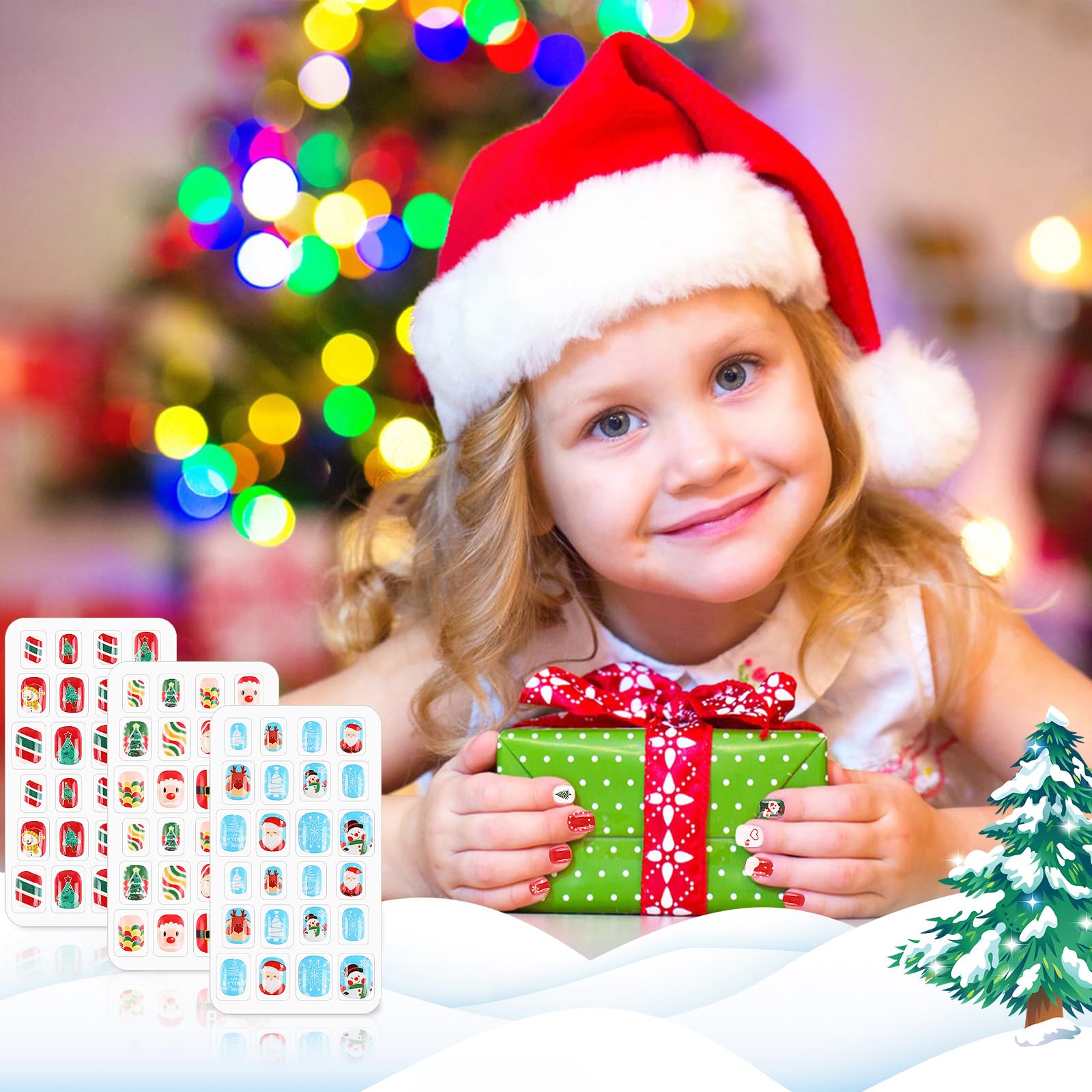 216Pcs Christmas Press on Nails for Kids - 9 Pack Short False Nail Tips with Holiday Designs | Girls Nail Art Decorations | Perfect for Christmas Parties, Gifts & Festive Nail Fashion