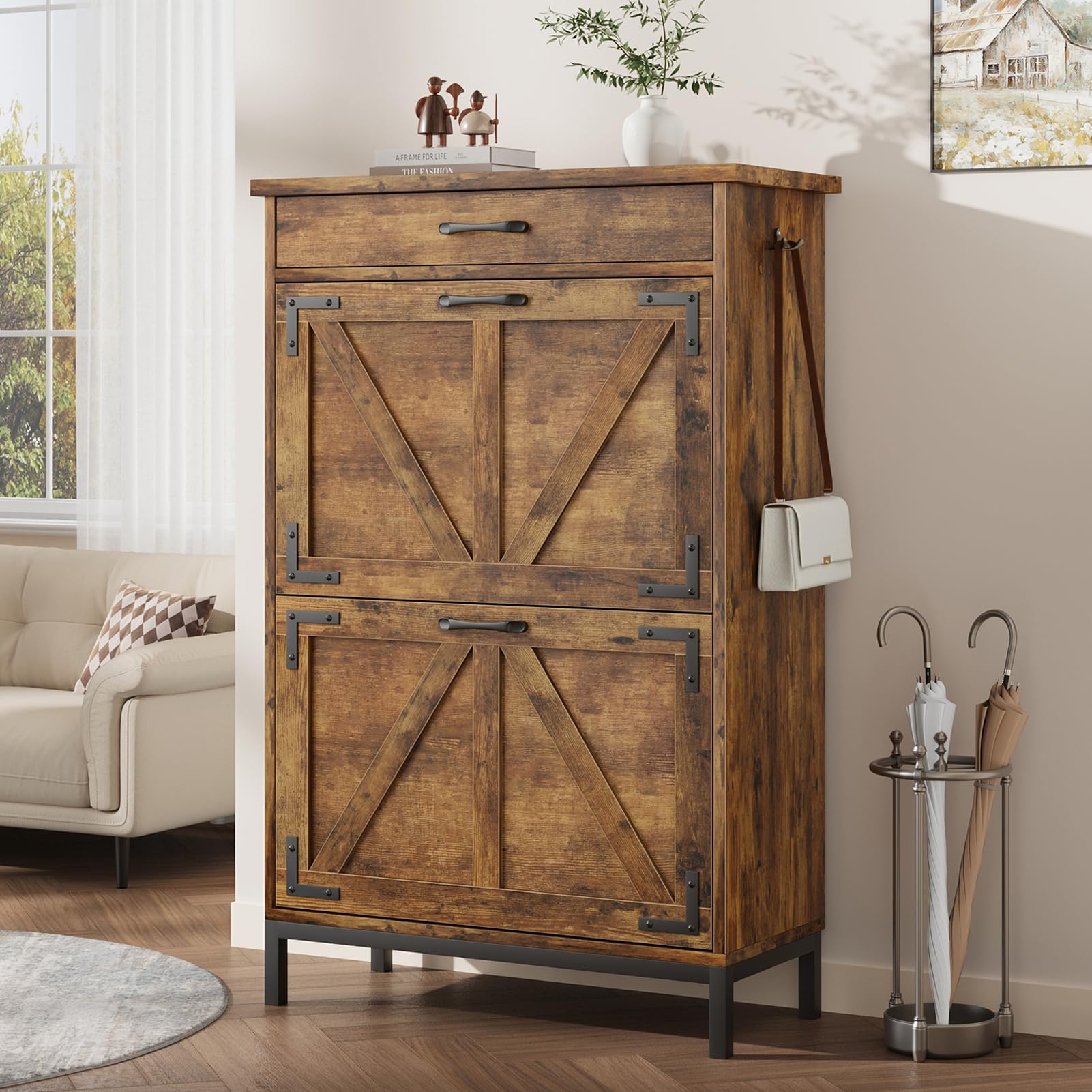 Farmhouse Style Shoe Storage Cabinet - Narrow Entryway Shoe Organizer with 2 Flip Drawers, Free Standing Slim Shoe Rack for Foyer & Hallway (Brown) - Perfect for Small Spaces & Home Organization