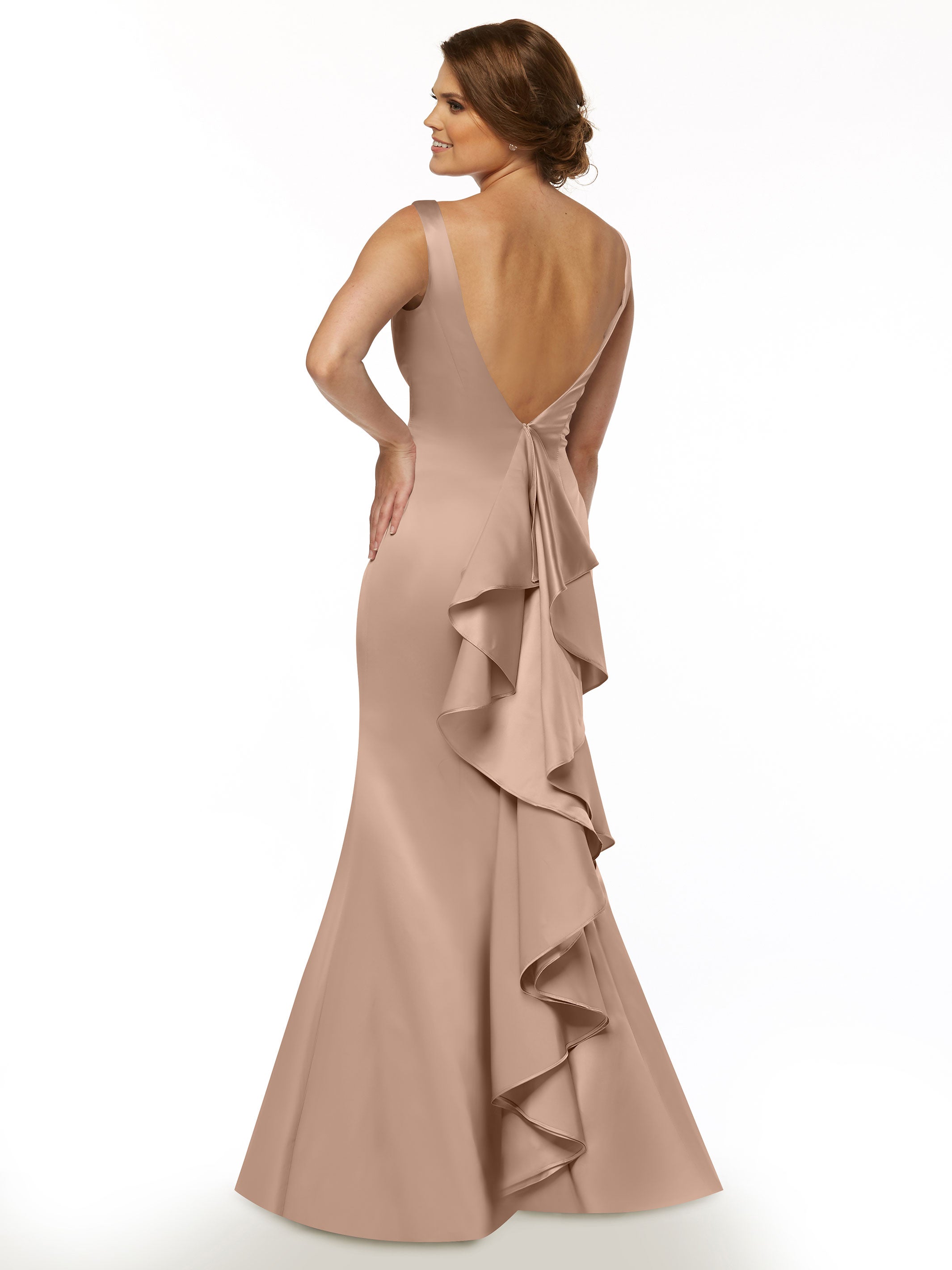 Elegant 80078 Fit and Flare Satin Bridesmaid Dress with V-Neckline & Ruffled Back - Perfect for Weddings, Prom, and Formal Events