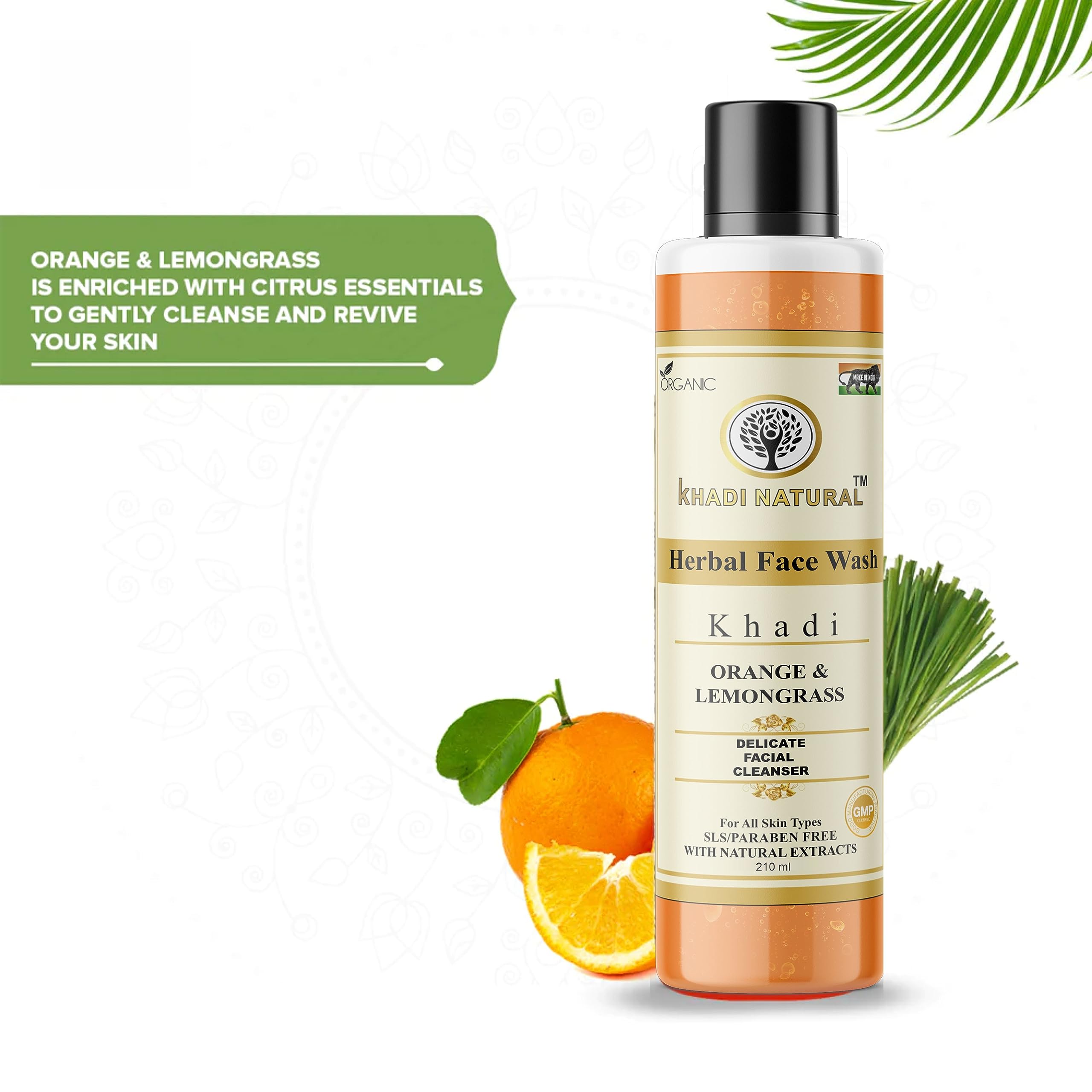 Organic Khadi Orange & Lemongrass Herbal Face Wash for Dry Skin - 210ml | Natural & Chemical-Free Cleanser | Perfect for Daily Skincare Routine & Sensitive Skin Care