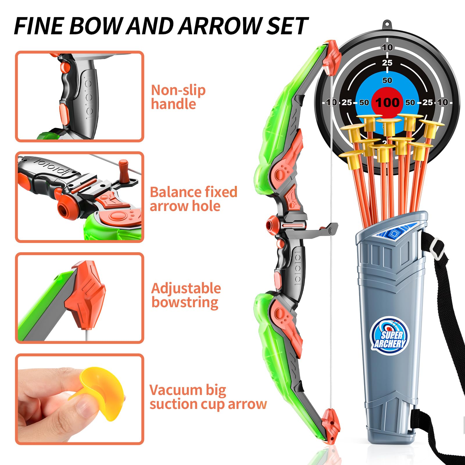 LED Light Up Bow and Arrow Set for Kids - 10 Suction Cup Arrows with Target & Quiver - Safe Archery Toy for Boys & Girls - Indoor Outdoor Play, Birthday Gift, Backyard Games & Camping Activities