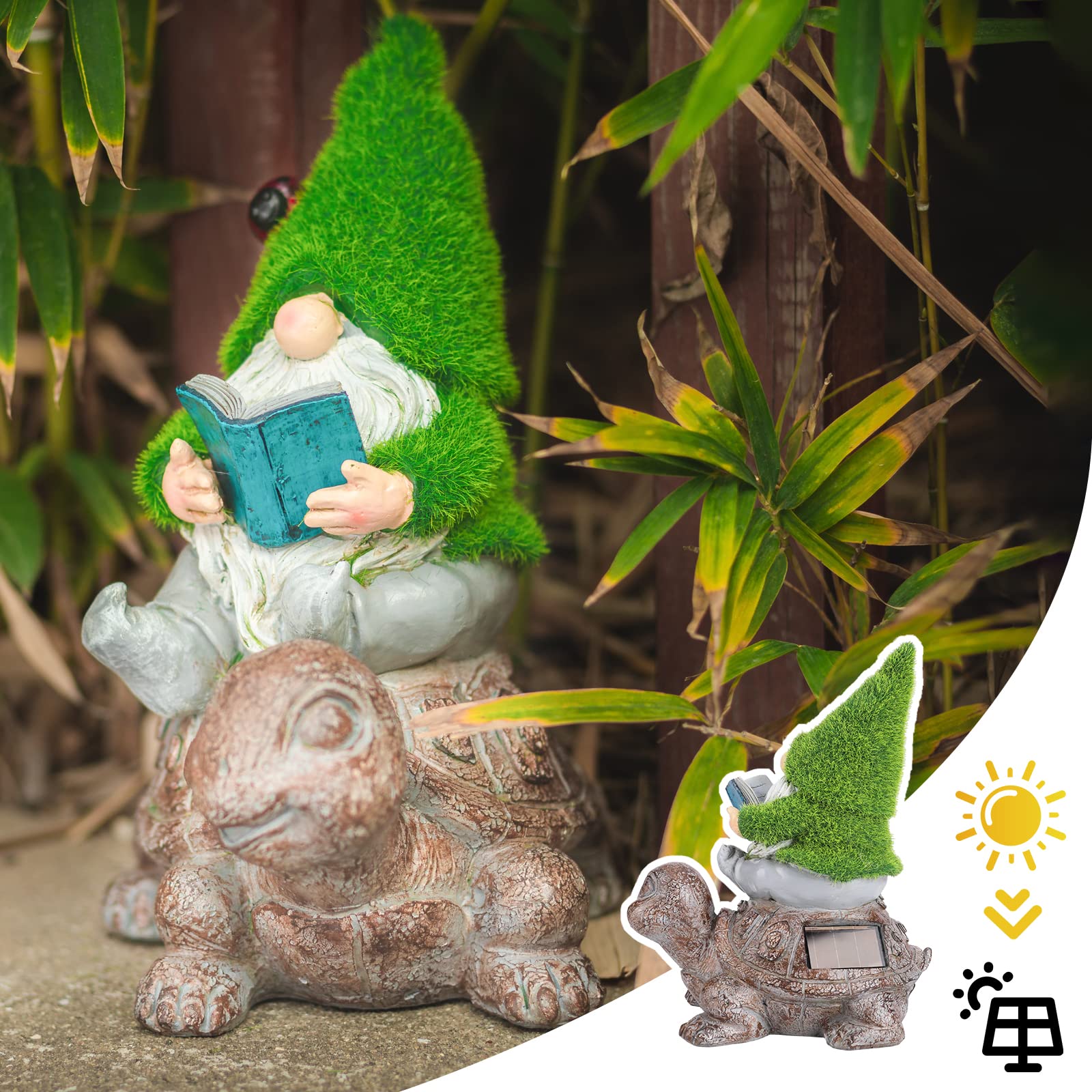 Solar-Powered Garden Gnome Sitting on Turtle Statue - Outdoor Decor with LED Lights for Patio, Yard, Lawn & Porch - Perfect for Fairy Gardens & Landscape Decoration
