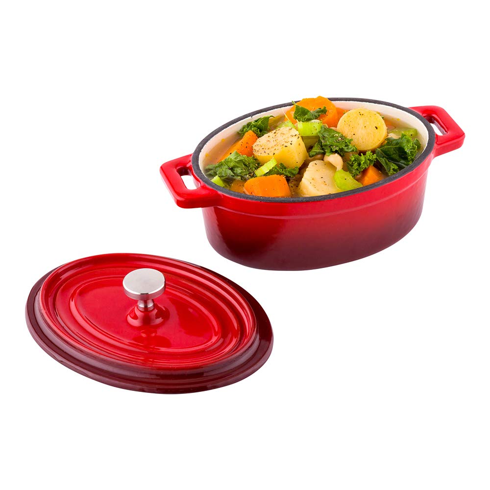 Restaurantware 9oz Mini Casserole Dish with Lid - Enameled Red Cast Iron Dutch Oven for Baking, Braising & Roasting | Perfect for Individual Servings, Soufflés & Side Dishes