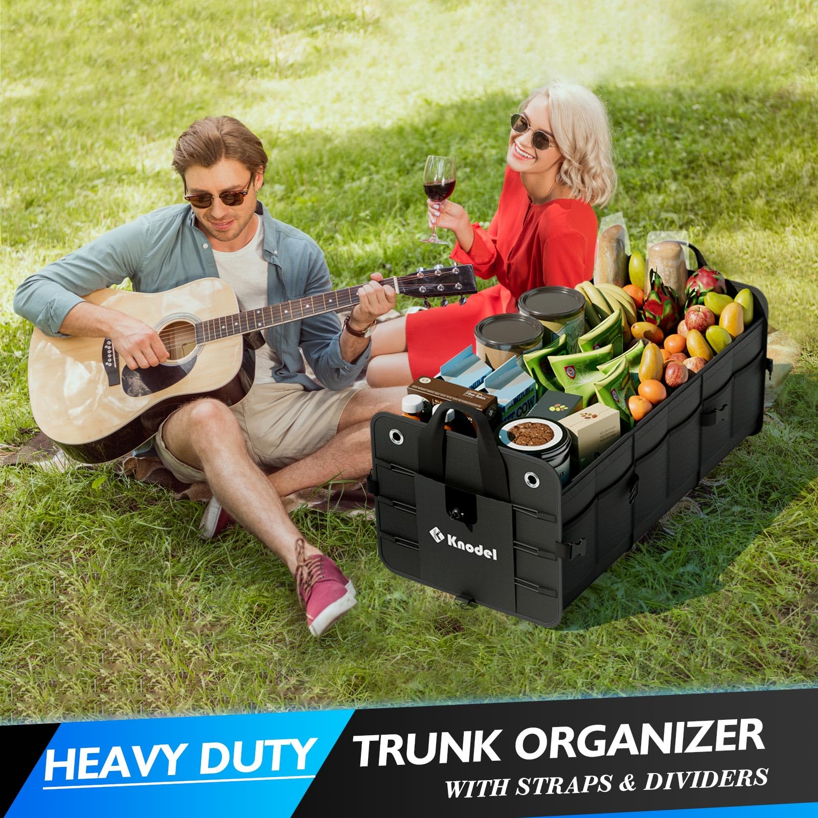 Premium K KNODEL Heavy-Duty Foldable Car Trunk Organizer with Lid - 3 Compartment Collapsible Storage Box with Secure Straps (Black) | Perfect for SUVs, Sedans & Road Trips - Keep Your Vehicle Neat & Organized