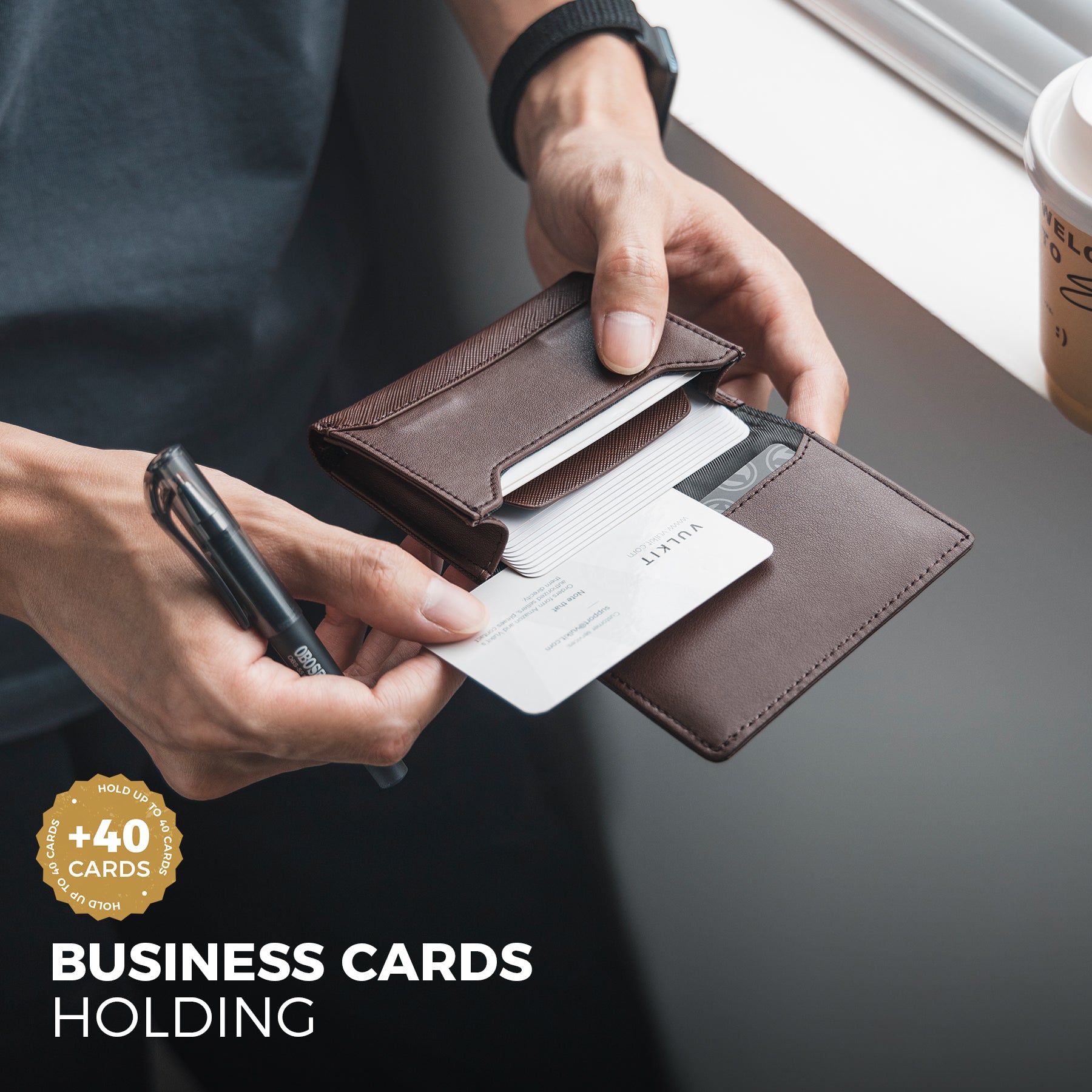 Premium VBC101 Leather Business Card Holder - Magnetic Closure, Holds 40 Cards with ID Window - Perfect for Professionals, Networking & Office Use