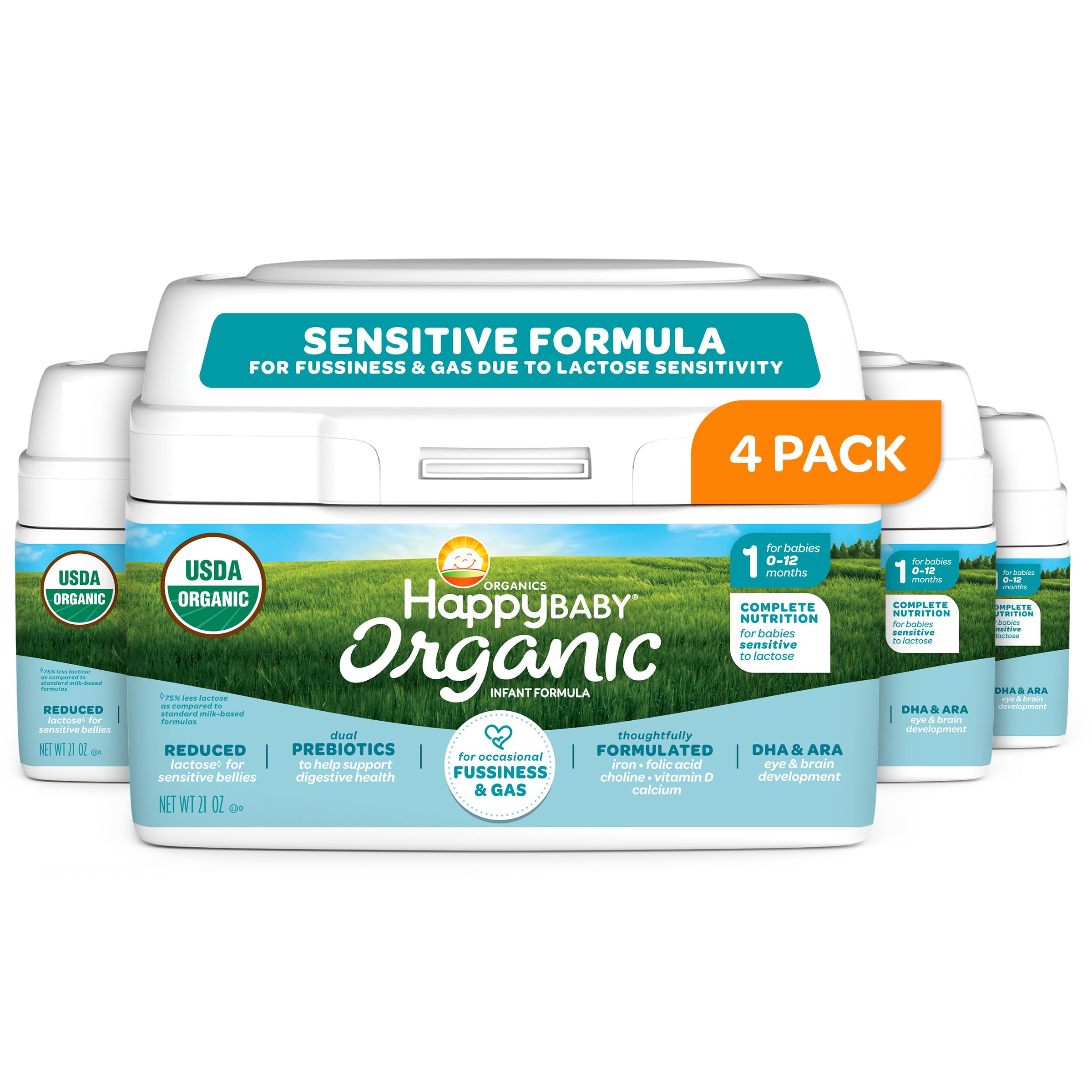 Happy Baby Organics Sensitive Stage 1 Infant Formula - Milk Based Powder for Newborns & Babies (21oz, Pack of 4) | Gentle Nutrition for Digestive Comfort | Perfect for Nighttime Feeding & On-the-Go