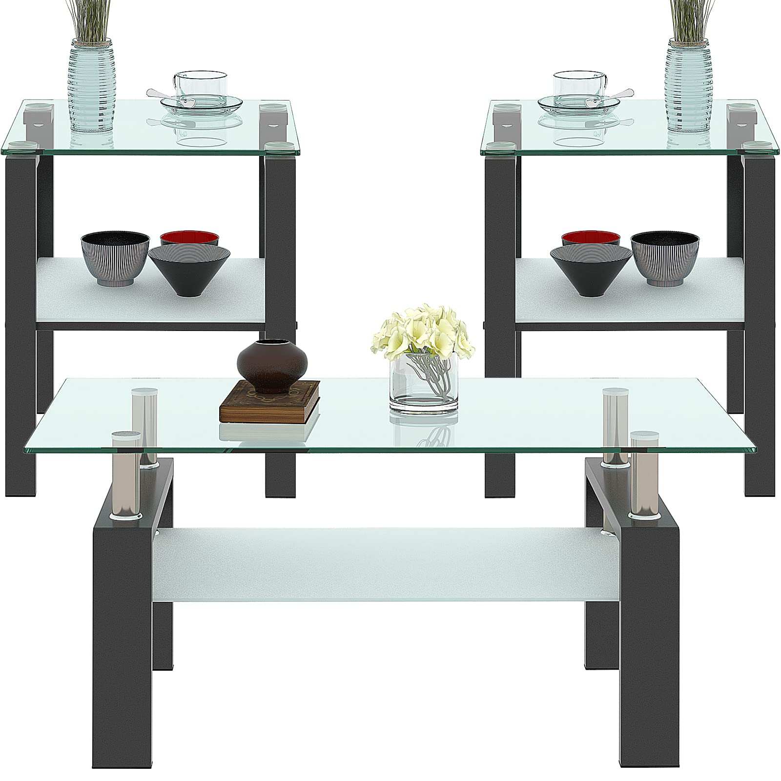3-Piece Glass Coffee Table Set with Black Metal Legs & Clear Tempered Glass - Modern Living Room Furniture for Home Decor, Office, Lounge & Entertainment Spaces