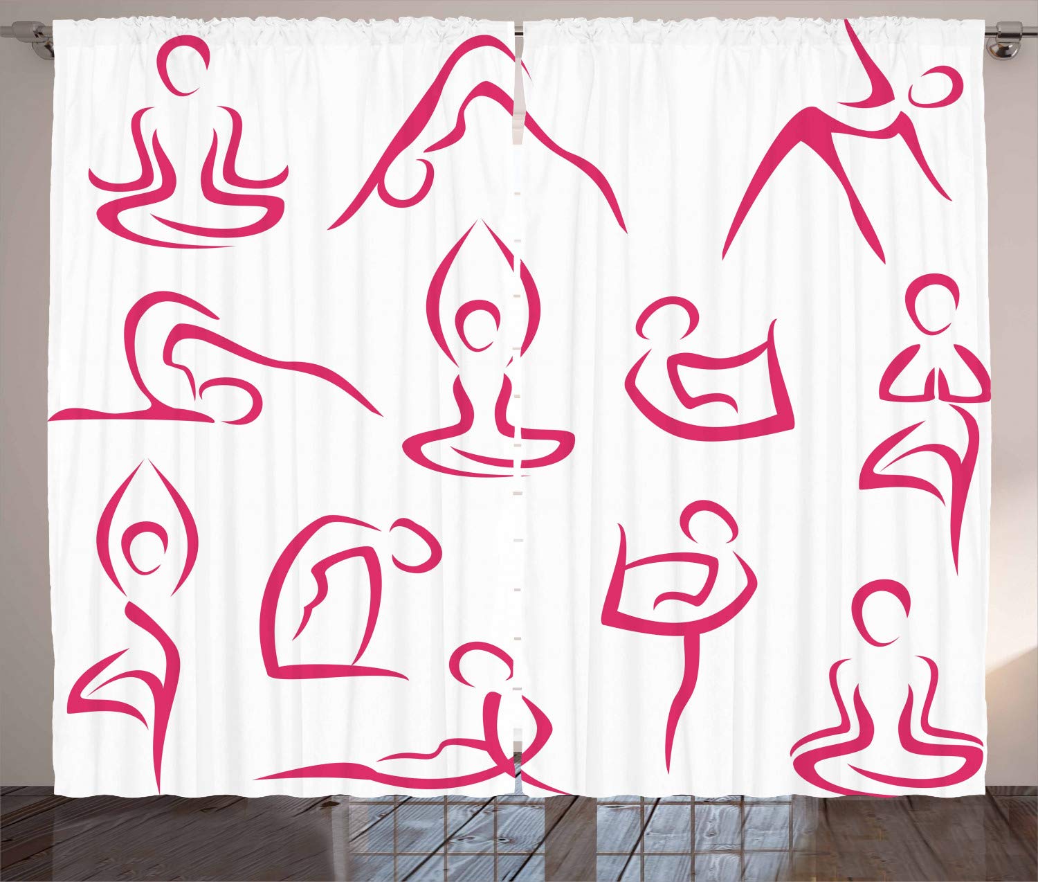 Ambesonne Fitness Curtains - Monochrome Line Art Human Silhouette Exercise Design | 2-Panel Gym, Living Room & Bedroom Window Drapes (108