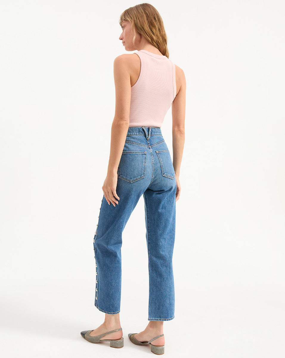 Dylan Studded Straight Leg Jeans for Women - Trendy Distressed Denim Pants with Rhinestone Embellishments | Perfect for Casual Outfits, Night Out, and Streetwear Fashion