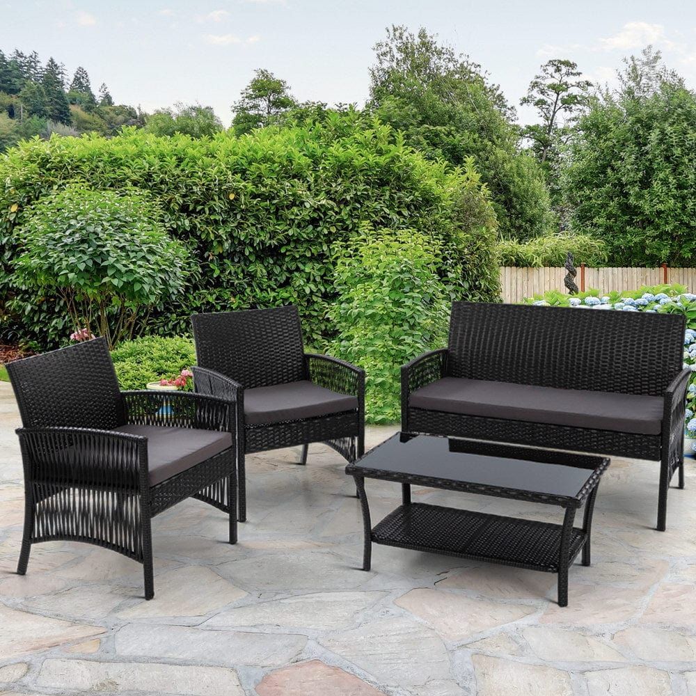 Gardeon 4-Piece Outdoor Patio Furniture Set - All-Weather Wicker Lounge & Dining Chairs with Table - Black Rattan Sofa Set for Garden, Poolside, Backyard & Balcony