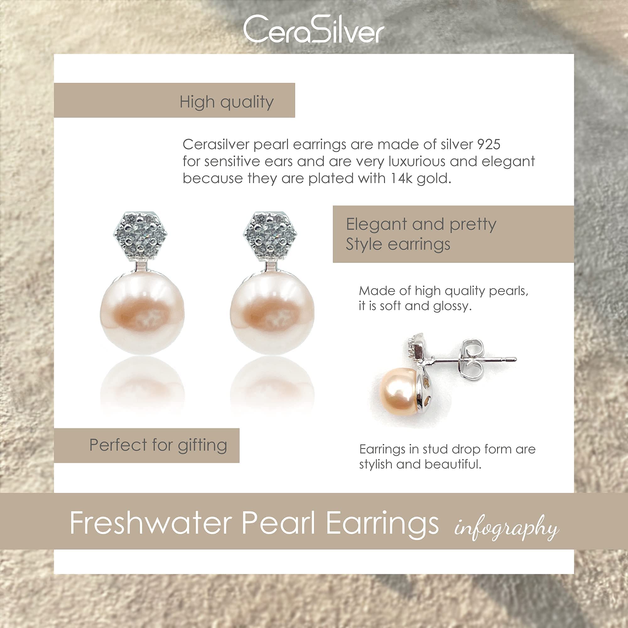 14K Gold Plated Sterling Silver Hexagon Cubic Stud Freshwater Pearl Earrings for Women & Girls - White & Pink - Perfect for Weddings, Parties & Everyday Elegance