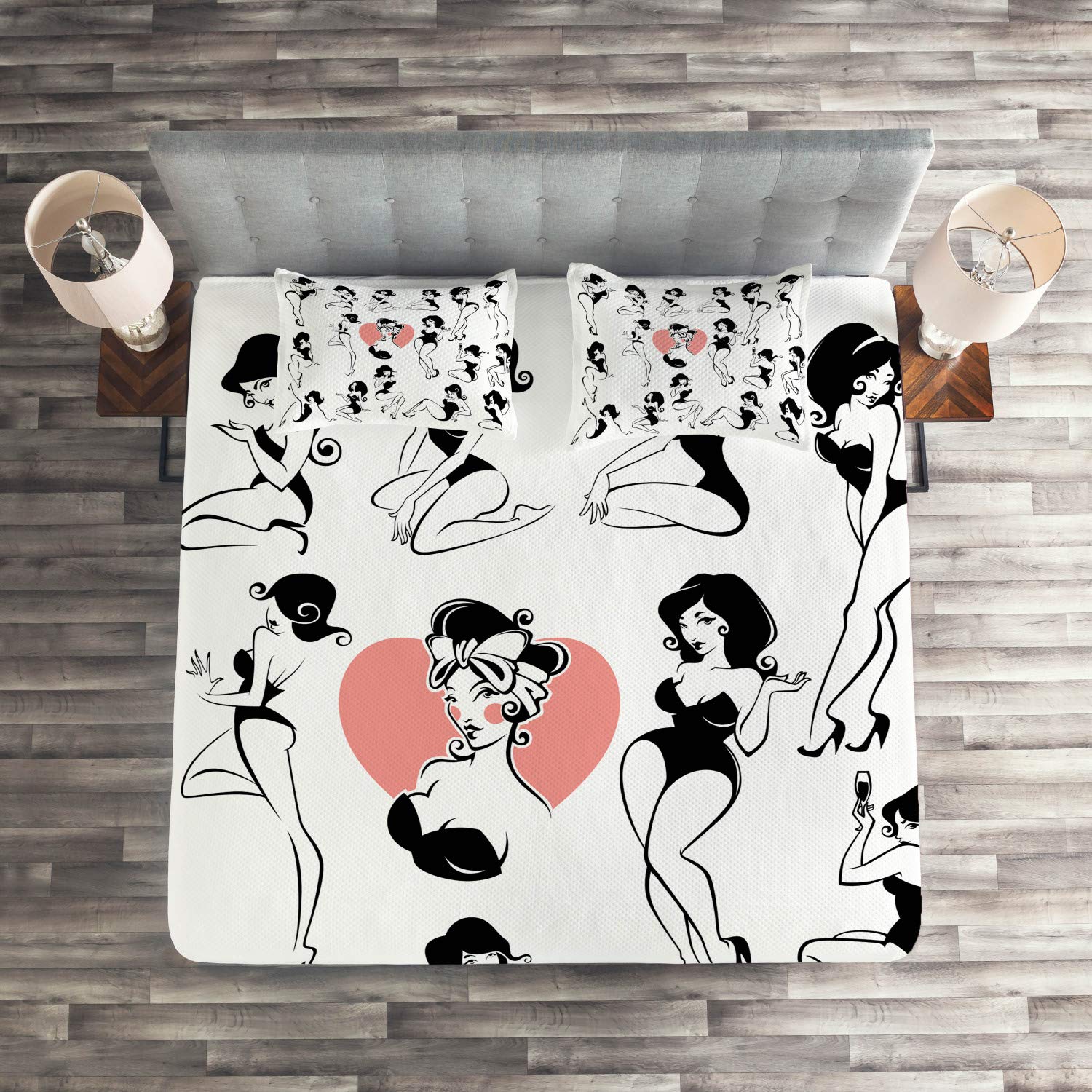 Ambesonne 3-Piece King Size Quilted Bedspread Set with 2 Pillow Shams - Fashion Coverlet Featuring Full Body Girl Model with Heart Tattoo Design in Black & White | Luxury Bedding for Master Bedroom, Guest Room & Photo Shoot Backdrops