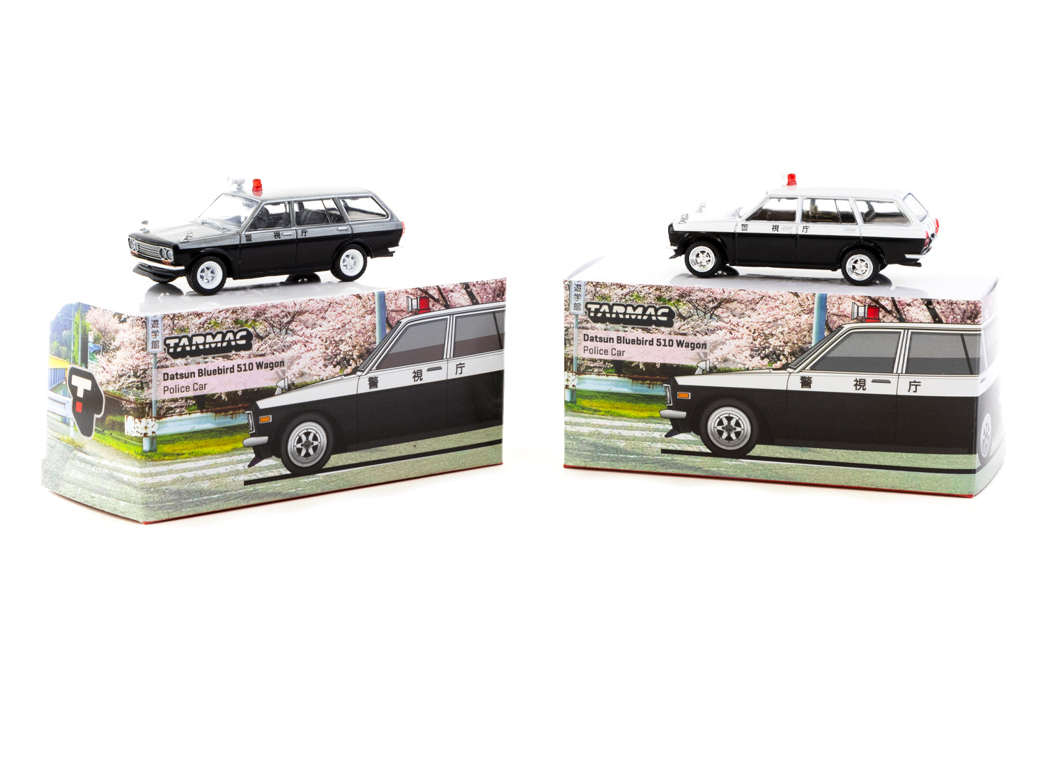 Tarmac Works 1/64 Scale Datsun Bluebird 510 Wagon Japan Police Car Diecast Model - Collectible Miniature Toy for Display, Gifts & Racing Scenes