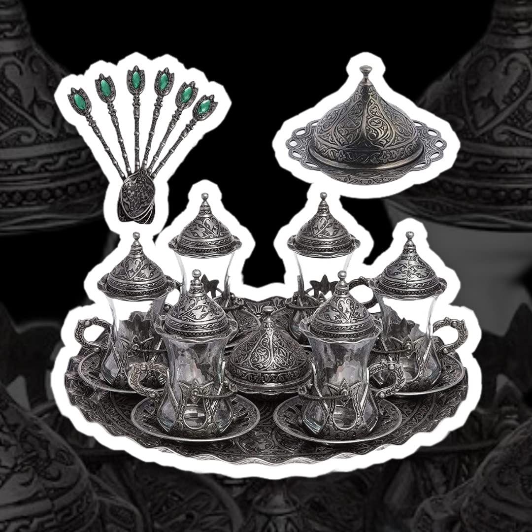Handmade Turkish Tea Set - Authentic Black Zamzam Serving Glasses with Saucer, Tray & Spoon | Traditional Tea Ceremony Gift for Home, Cafe & Special Occasions