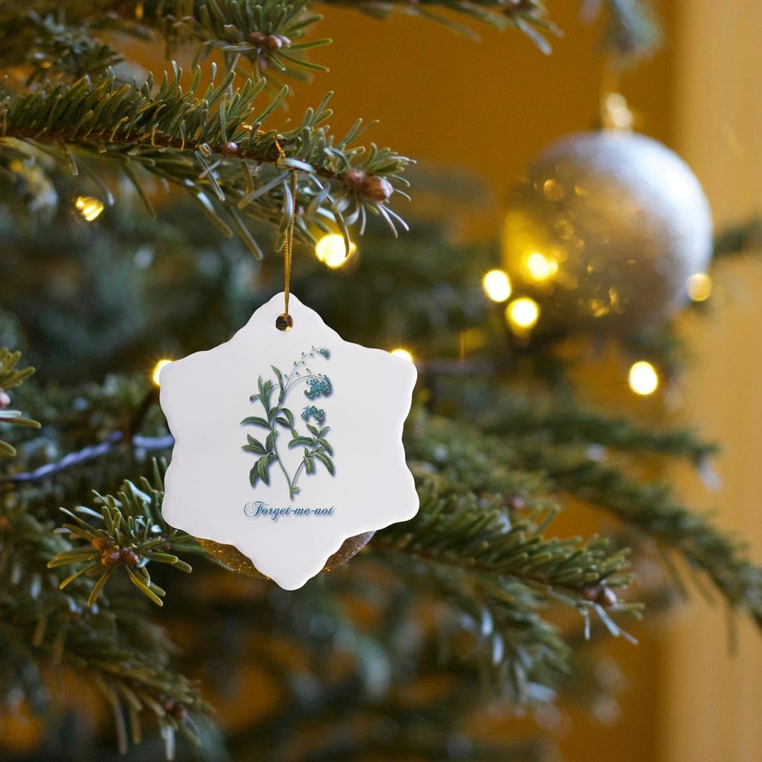 3-Inch Porcelain Snowflake Ornament with Tiny Blue Forget-Me-Not Flowers - Botanical Print Home Decor for Christmas Tree, Gift, or Winter Wedding Decoration