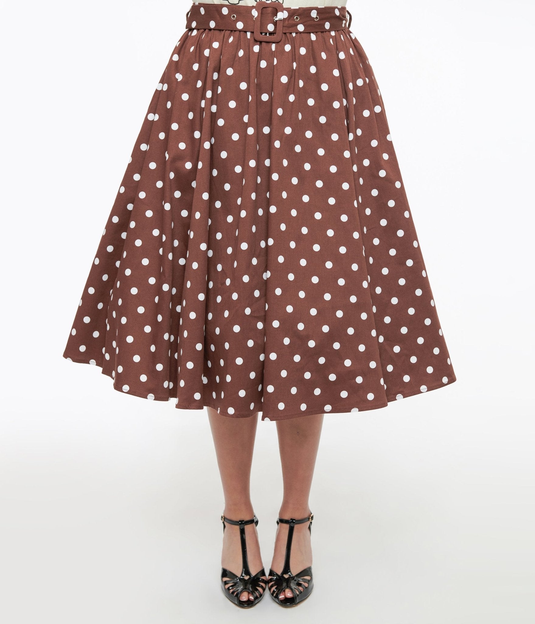 Brown & White Polka Dot Paula Swing Skirt - Vintage Inspired A-Line Skirt for Women | Perfect for Casual Outings, Summer Parties & Retro Fashion Looks