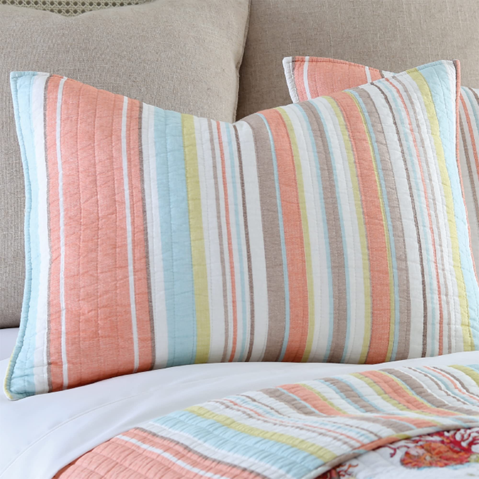 Levtex Home Brighton Coral Full/Queen Cotton Quilt Set - Striped Coastal Bedding for Beach House, Guest Room & Master Bedroom Decor