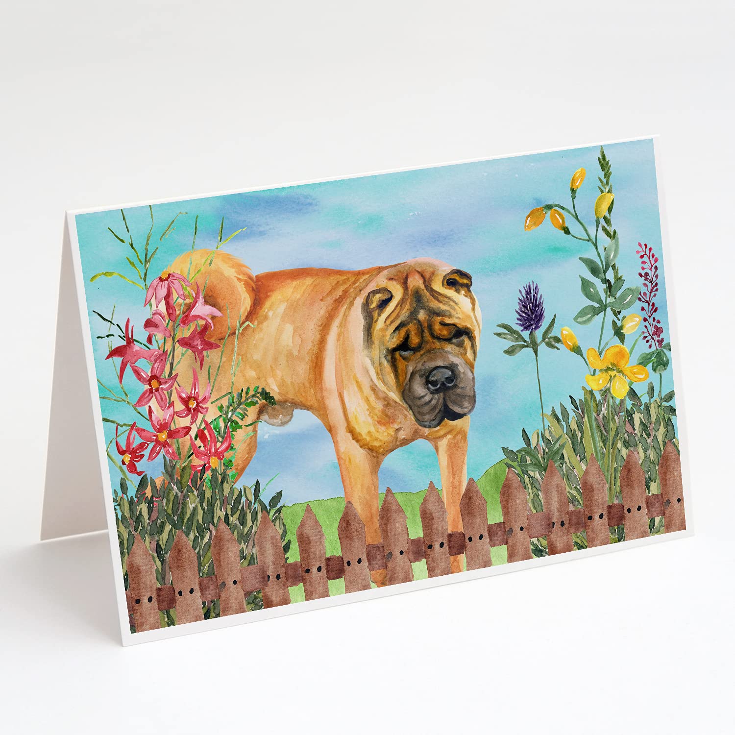 Shar Pei Spring Greeting Cards & Envelopes Set - 8 Blank A7 Note Cards (5x7 Inches) for Birthdays, Thank You Notes & Seasonal Greetings | Whimsical Dog Lover Stationery