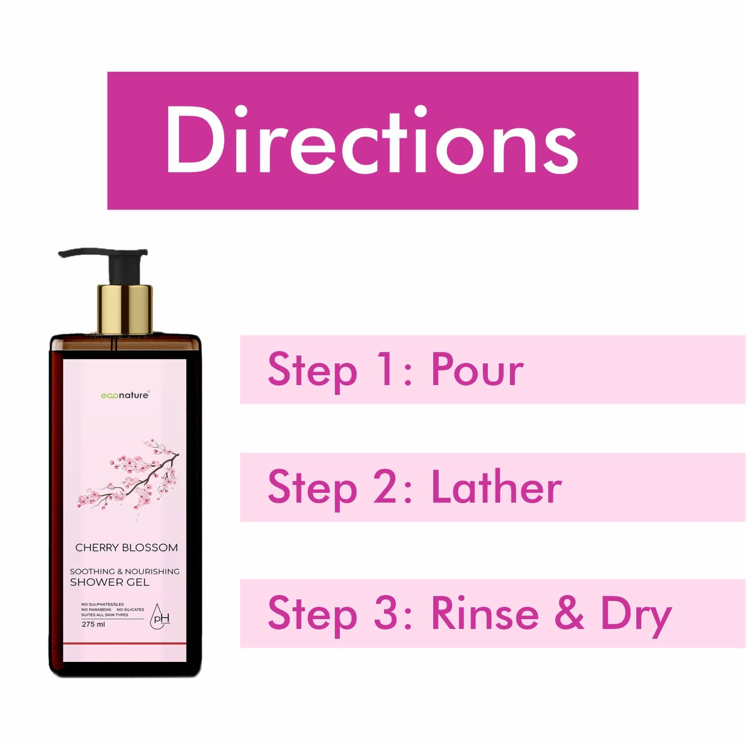 ECONATURE Moisturizing Body Wash Shower Gel with Cherry Blossom, Aqua & Lemon - 275ml (Pack of 3) | Hydrating Liquid Soap for Dry Skin, Daily Shower & Relaxing Bath Time