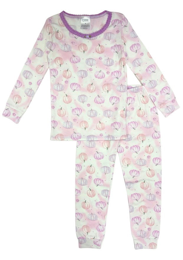 Cozy Pumpkin Print Full Length Pajama Set for Women - Soft Sleepwear for Fall & Winter Nights