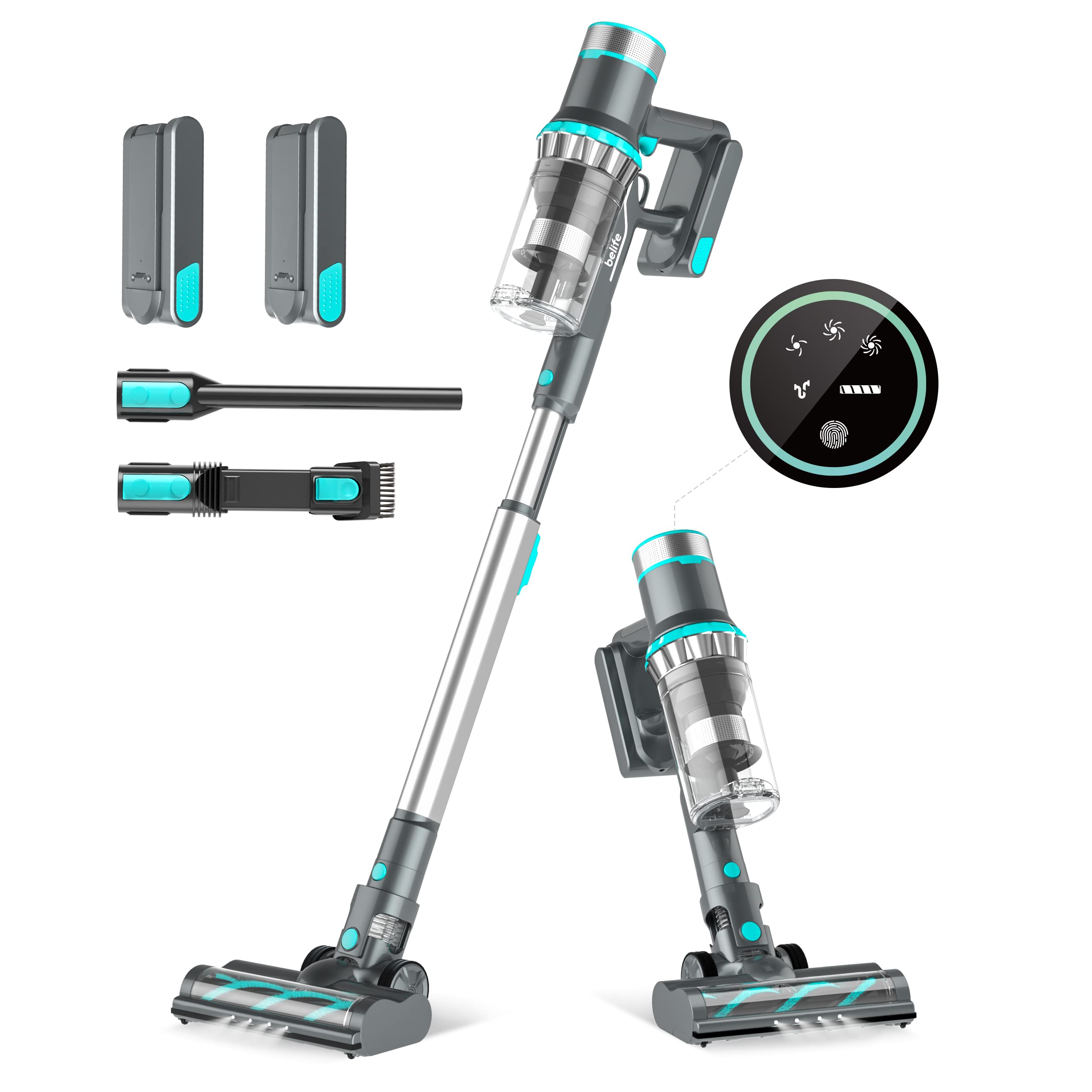 Belife BVC11 Cordless Stick Vacuum Cleaner - 2 Detachable Batteries, 80min Runtime, 25Kpa 380W Brushless Motor, Lightweight for Hardwood Floors & Carpets - Pet Hair Cleaning with LED Touch Display - Perfect for Home Cleaning & Pet Owners