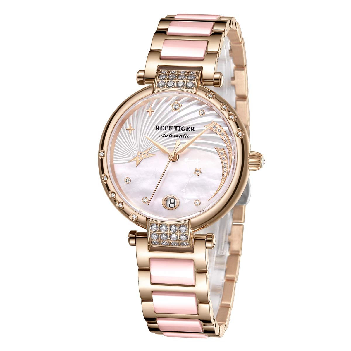 REEF TIGER Luxury Diamond Watch for Women - Automatic Movement, Shell Dial & Ceramic Band (Model RGA1592) | Perfect for Formal Events, Business Meetings & Special Occasions